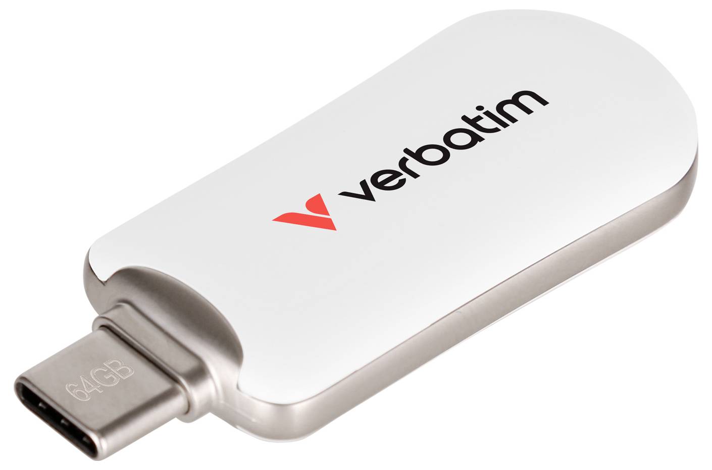 Weißes Verbatim USB-C-Speicherlaufwerk mit 64-GB-Kapazität auf einfachem Hintergrund gezeigt.