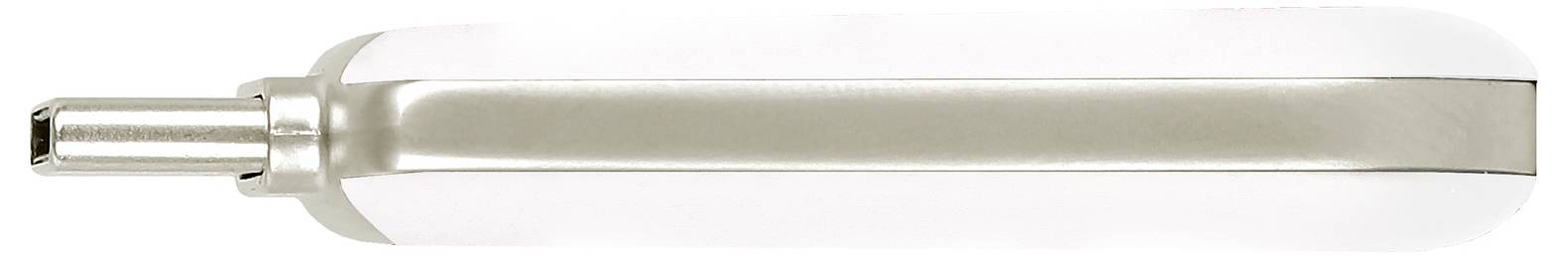 Eine weiße zylindrische Glühbirne mit metallischer Schraubenfassung, horizontal auf einem einfachen Hintergrund dargestellt.