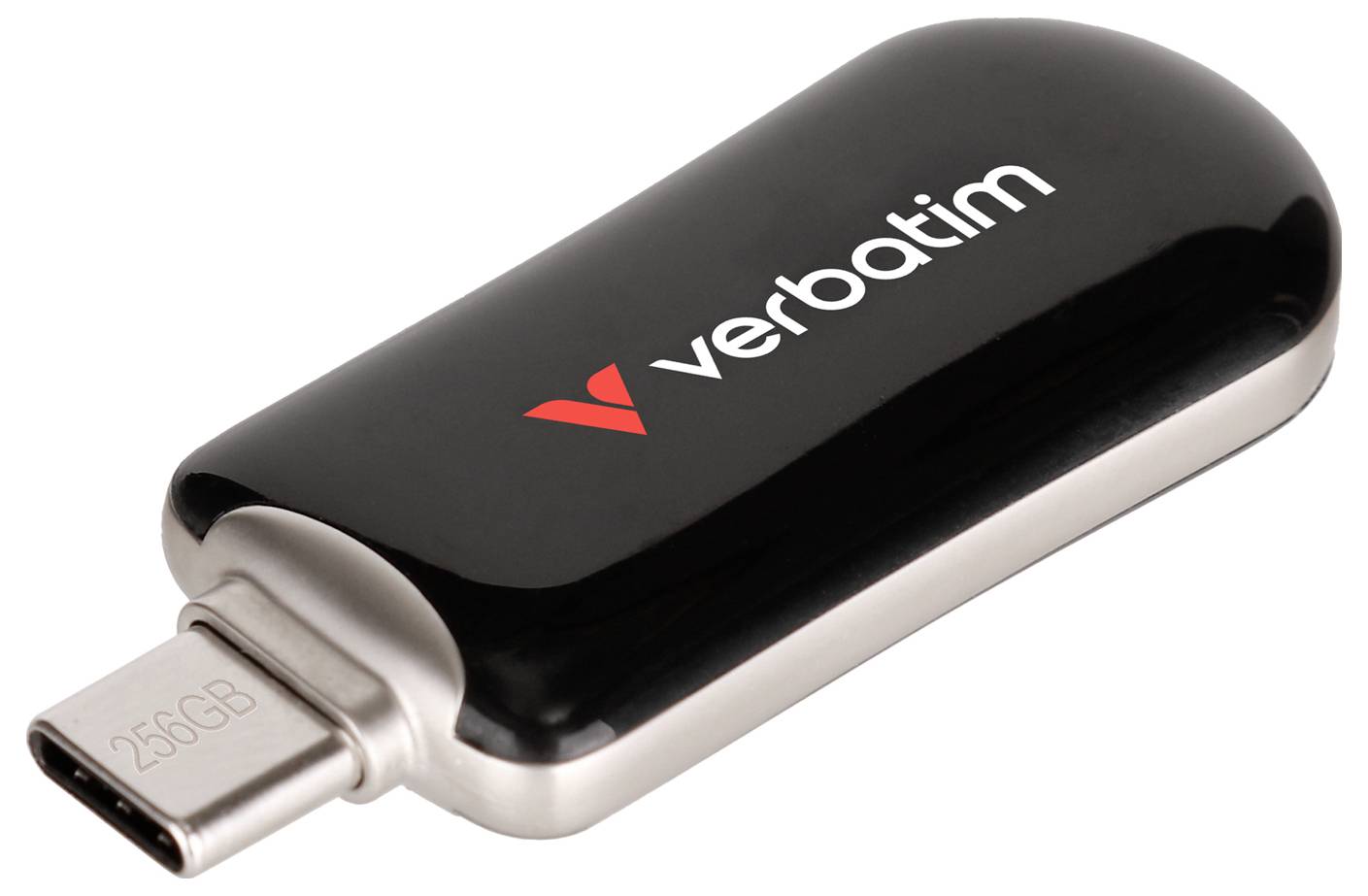 Schwarzes Verbatim USB-Stick mit USB-C-Anschluss, auf dem Stecker mit „256GB