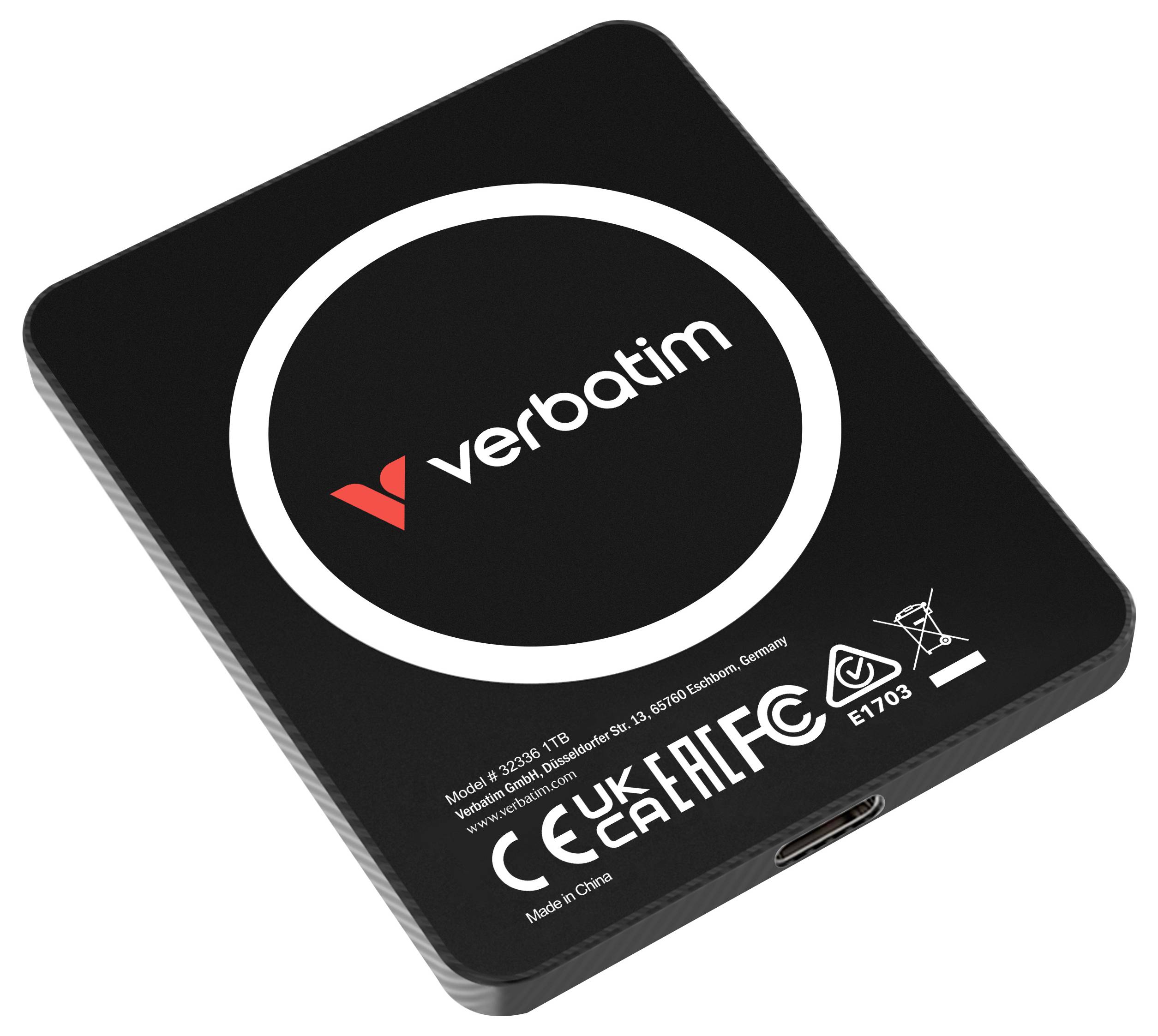Tragbare schwarze externe SSD von Verbatim mit weißem Kreislogo und USB-C-Anschluss.