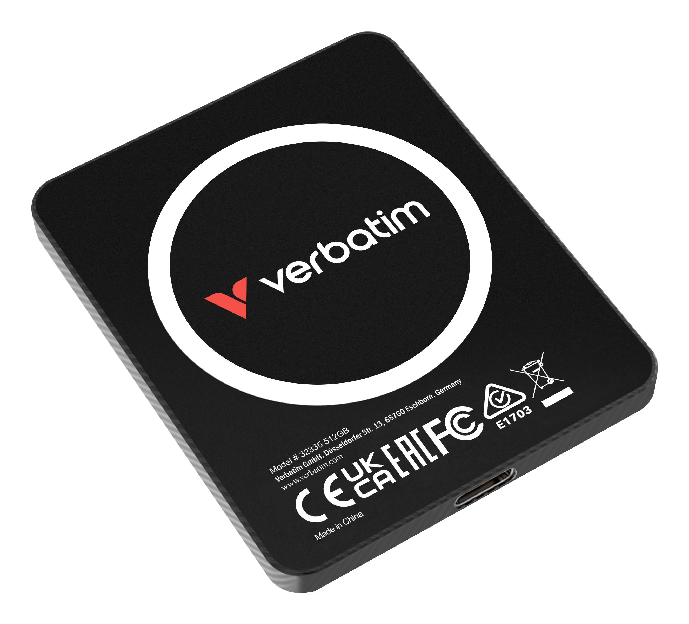 Schwarze externe Festplatte von Verbatim mit kreisförmigem Logo und sichtbarem USB-Anschluss an der unteren Kante.