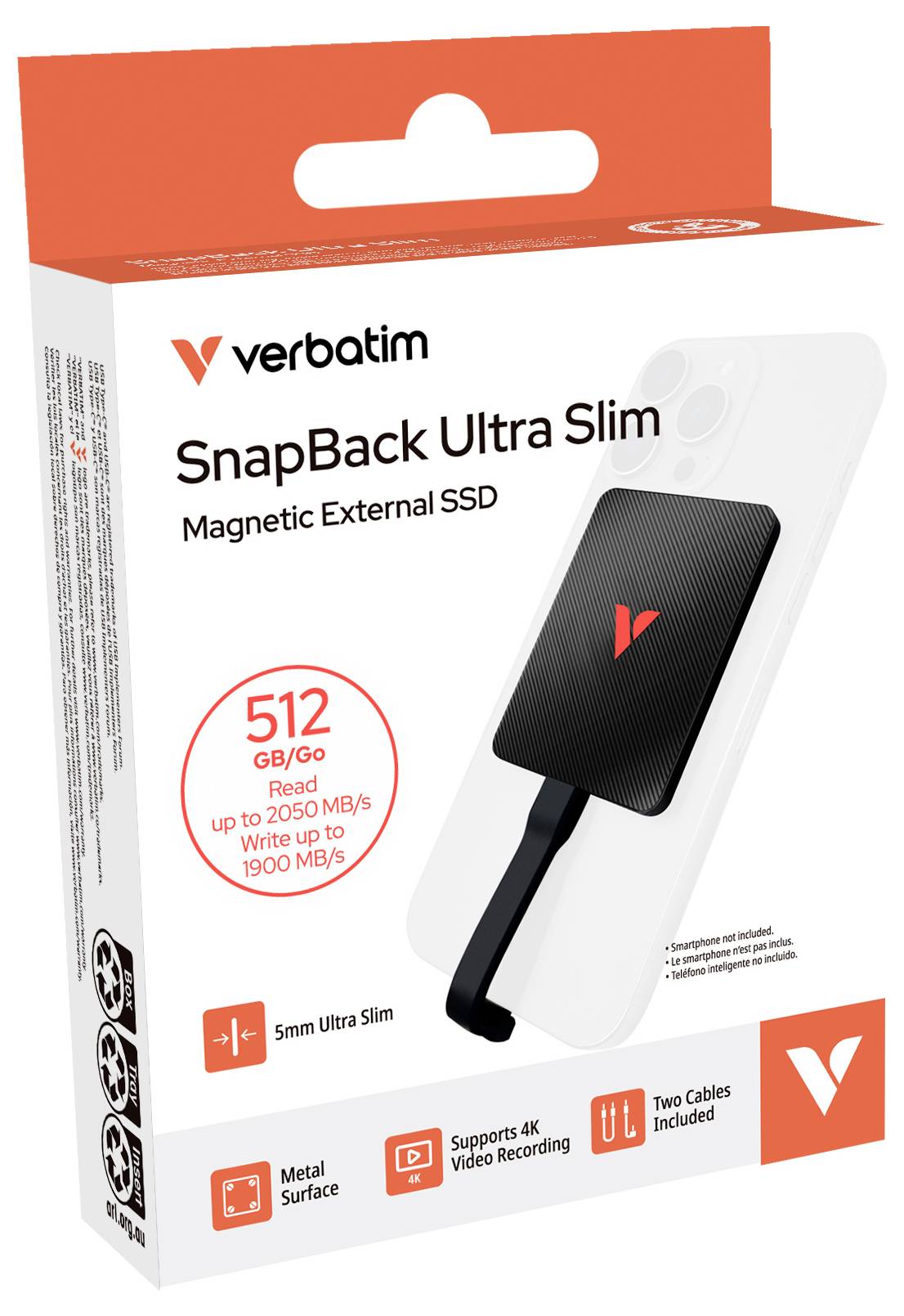 Verbatim SnapBack Ultra Slim magnetische externe SSD-Verpackung, zeigt 512 GB/Go Speicherkapazität, bis zu 2050 MB/s Lesegeschwindigkeit und 1900 MB/s Schreibgeschwindigkeit, mit 2 enthaltenen Kabeln.