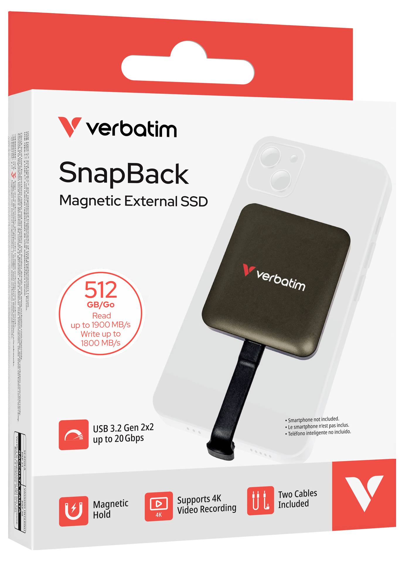 Verbatim SnapBack magnetische externe SSD-Packung, 512GB, USB 3.2 Gen 2x2 bis zu 20Gbps, unterstützt 4K-Videoaufnahmen, enthält zwei Kabel.