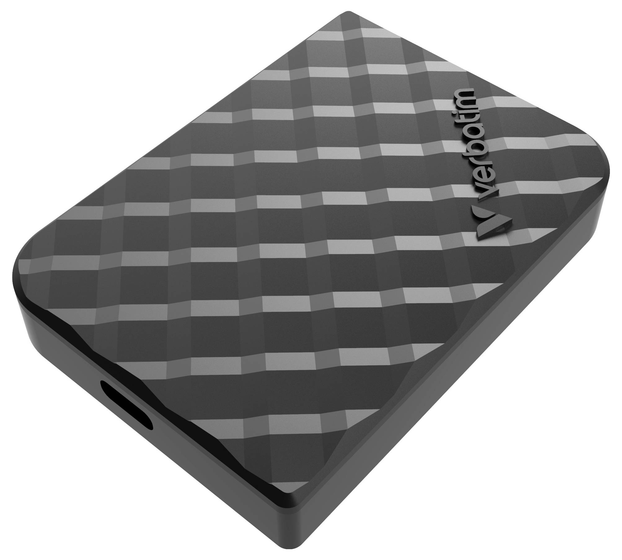 3D-gerendertes Verbatim externes Festplattenlaufwerk mit dunkelkariertem Gehäuse und sichtbarem USB-Anschluss an der Seite.