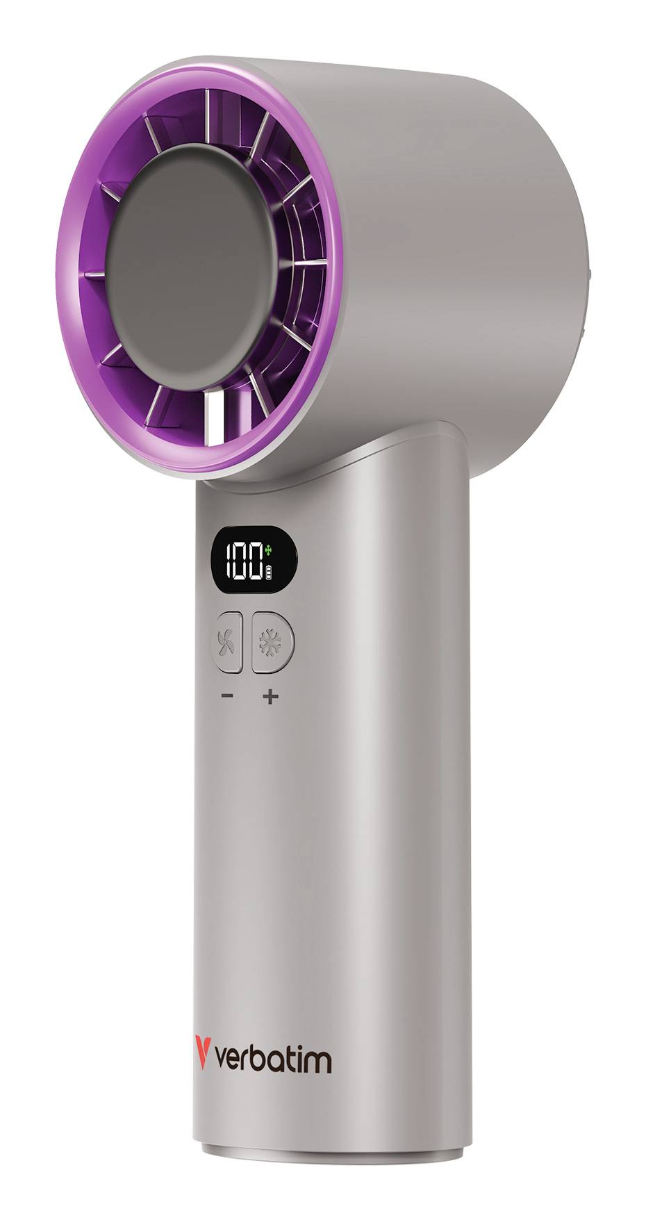 Tragbarer Verbatim-Ventilator ohne Flügel mit violettem Frontring, digitales Display und Plus-/Minus-Tasten auf silbernem Gehäuse.