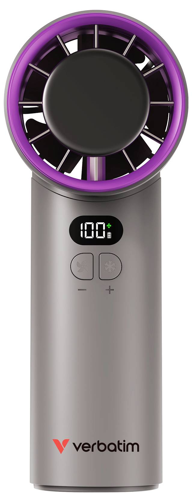 Tragbarer tragbarer Verbatim-Ventilator ohne Flügel mit violettem Ring, digitales Display zeigt 100 an und Plus-/Minus-Steuerungen am Griff.
