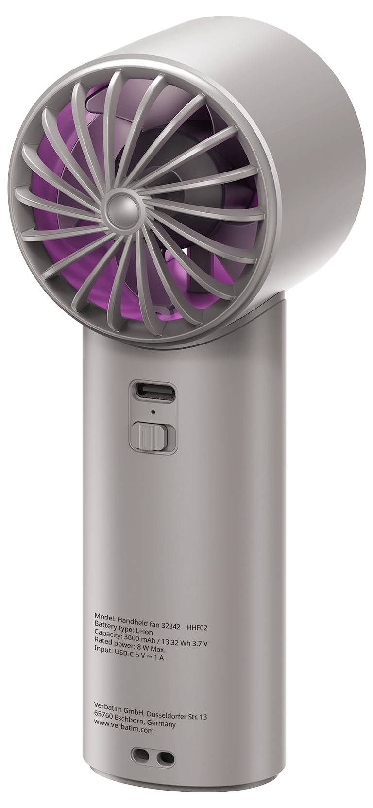 Tragbarer silberner Ventilator mit rundem Gitter und violetten Blättern auf zylindrischer Basis, ähnlich einem aufladbaren tragbaren Luftkühler.