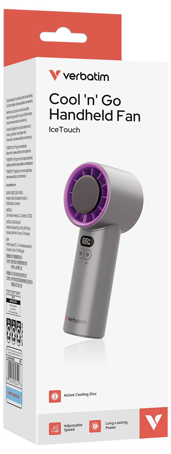 Wortgetreue 'Cool 'n' Go' Handventilator-Produktbox, die einen grau und lila tragbaren Ventilator mit der Bezeichnung IceTouch zeigt, mit 