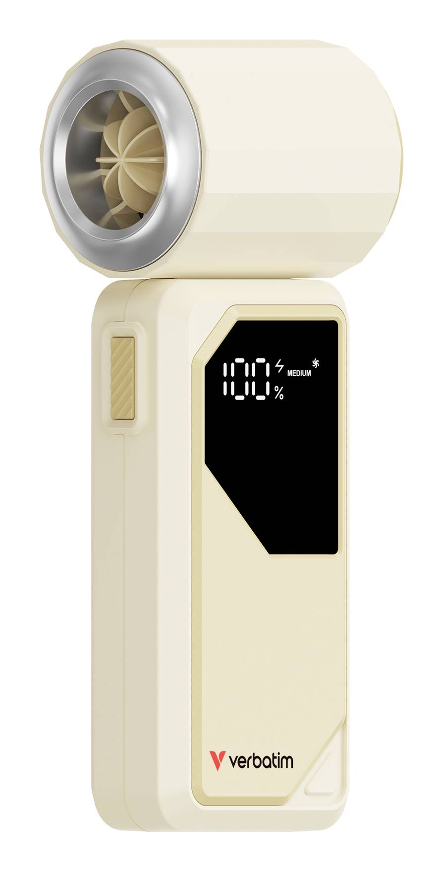 Tragbarer tragbarer Sprühventilator mit beigefarbenem Gehäuse, digitaler Vorderanzeige mit 100% Akkuladung und Verbatim-Branding.