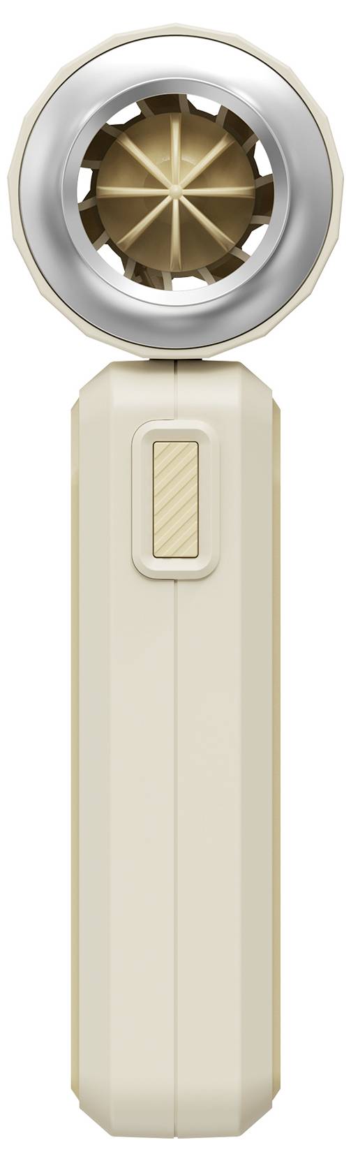 Stilisiertes beige und silbernes tragbares Gerät mit einer kreisförmigen metallischen Oberseite und einem vertikalen strukturierten Schalter an der Vorderseite.