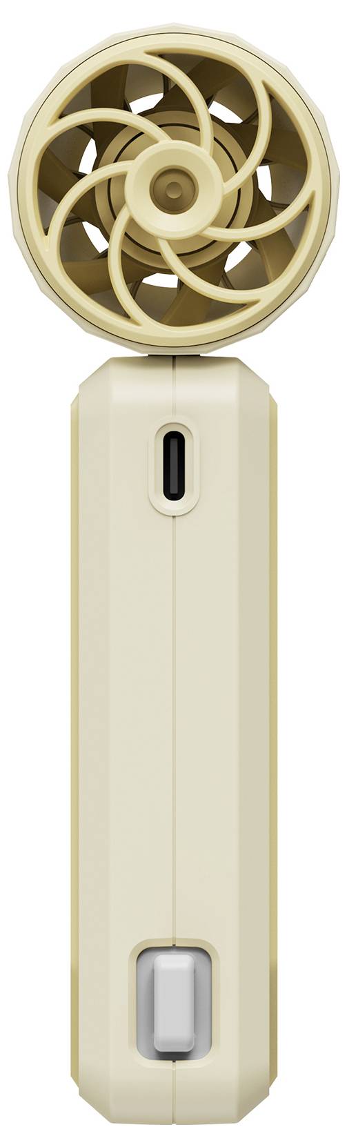 Beigefarbener tragbarer Ventilator mit kreisförmigem Gitter und zentraler Bedienrad, vertikal dargestellt mit kleinem USB-C-Anschluss und unterem Ein-/Ausschalter.