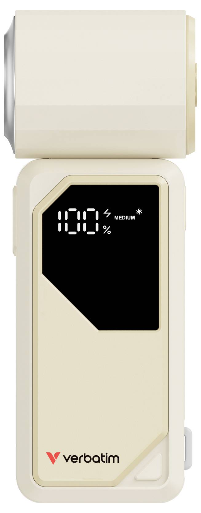 Beiger Verbatim-Stecker-Energiemonitor, der 100% auf einem digitalen Display anzeigt.