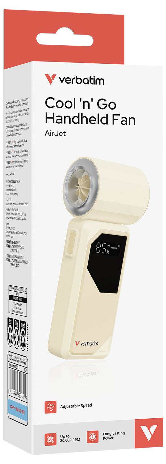 Verbatim Cool 'n' Go tragbarer Lüfter AirJet Produktverpackung, zeigt einen cremefarbenen tragbaren Lüfter mit schwarzem Display und einstellbaren Geschwindigkeitsfunktionen.