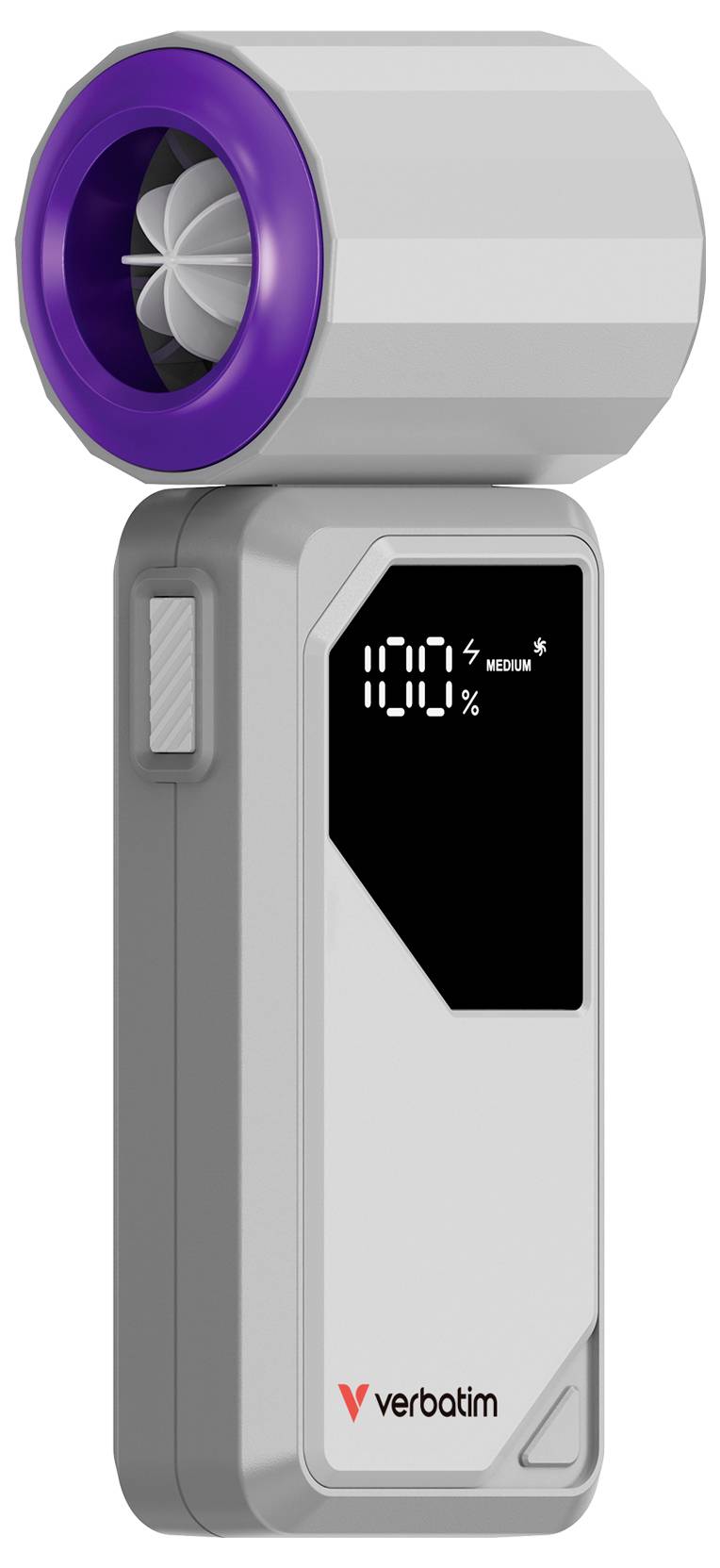 Tragbares Verbatim-Gerät mit violettem, fächerartigem Aufsatz und digitales Display zeigt 110% mittel an.