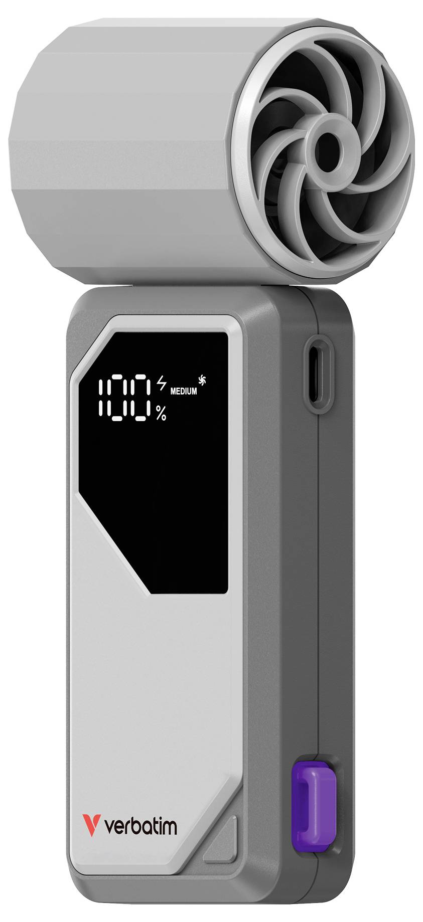 Tragbarer Verbatim-Handventilator mit zylindrischem Kopf, digitales Display zeigt 110% an und eine violette Seitensteuerung.