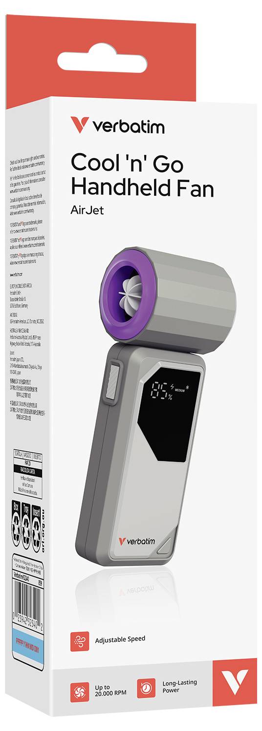 Verbatim Cool 'n' Go tragbarer Handventilator AirJet Produktverpackung, zeigt einen grauen tragbaren Ventilator mit lila Vorderseite und einstellbarer Geschwindigkeit.