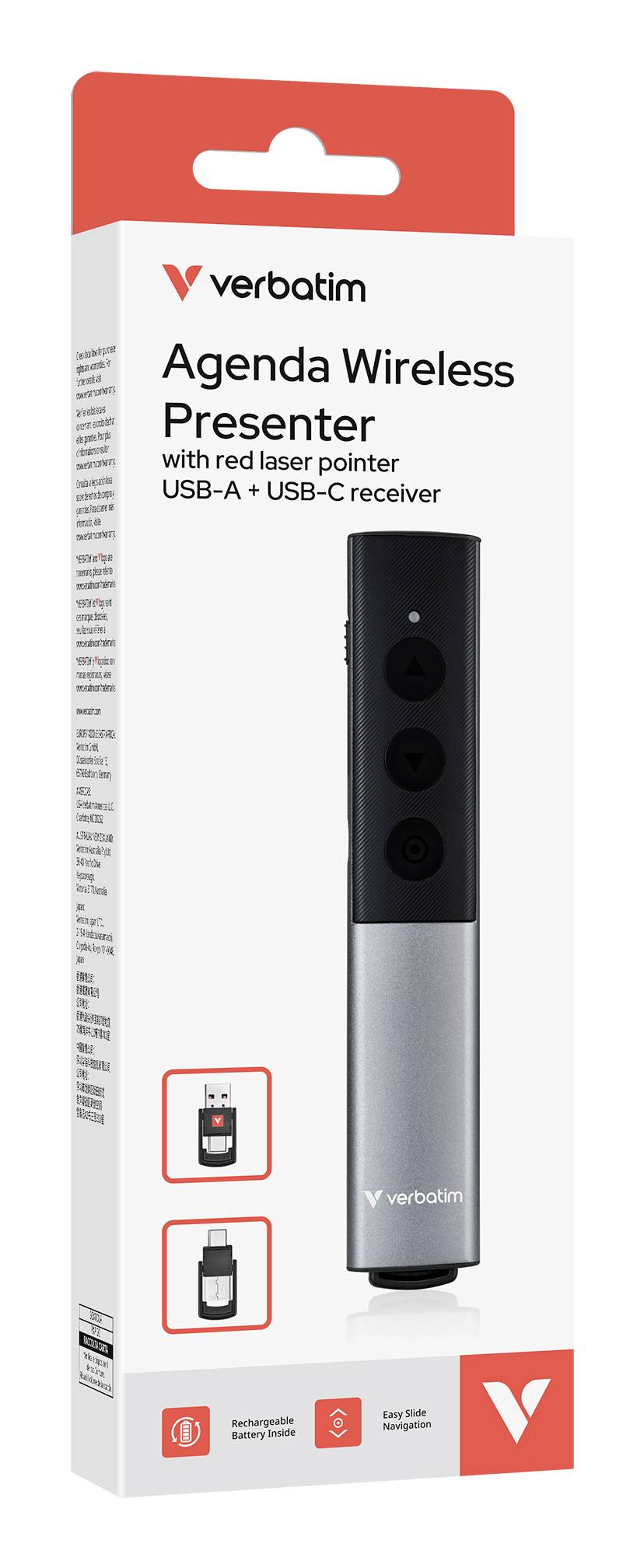 Verpackung für einen Verbatim 'Agenda Wireless Presenter' mit rotem Laser-Pointer und USB-A sowie USB-C Empfänger auf der Vorderseite abgebildet.