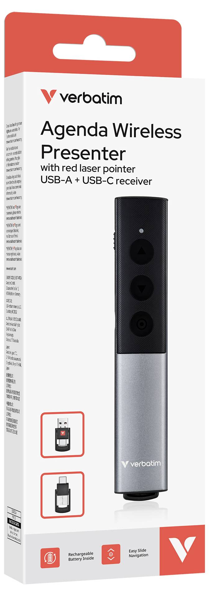 Verbatim Agenda Wireless-Presenter-Box mit einer silbernen und schwarzen Fernbedienung mit rotem Laserpointer, USB-A- und USB-C-Empfänger und vier Tasten-Steuerung.
