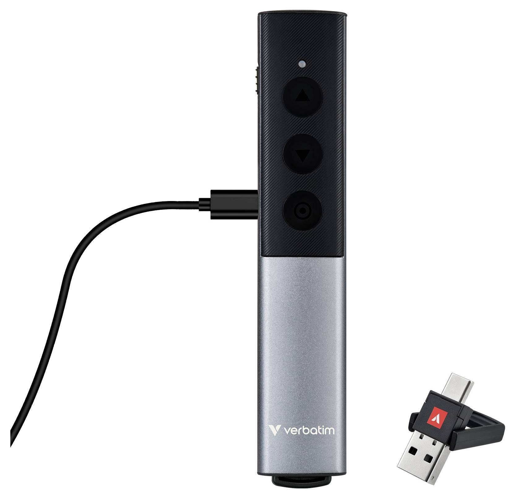 Verbatim kabelloses Präsentations-Fernbedienung mit USB-Empfänger-Dongle daneben, mit Auf-/Ab- und Lasertasten und angeschlossenem Ladekabel.