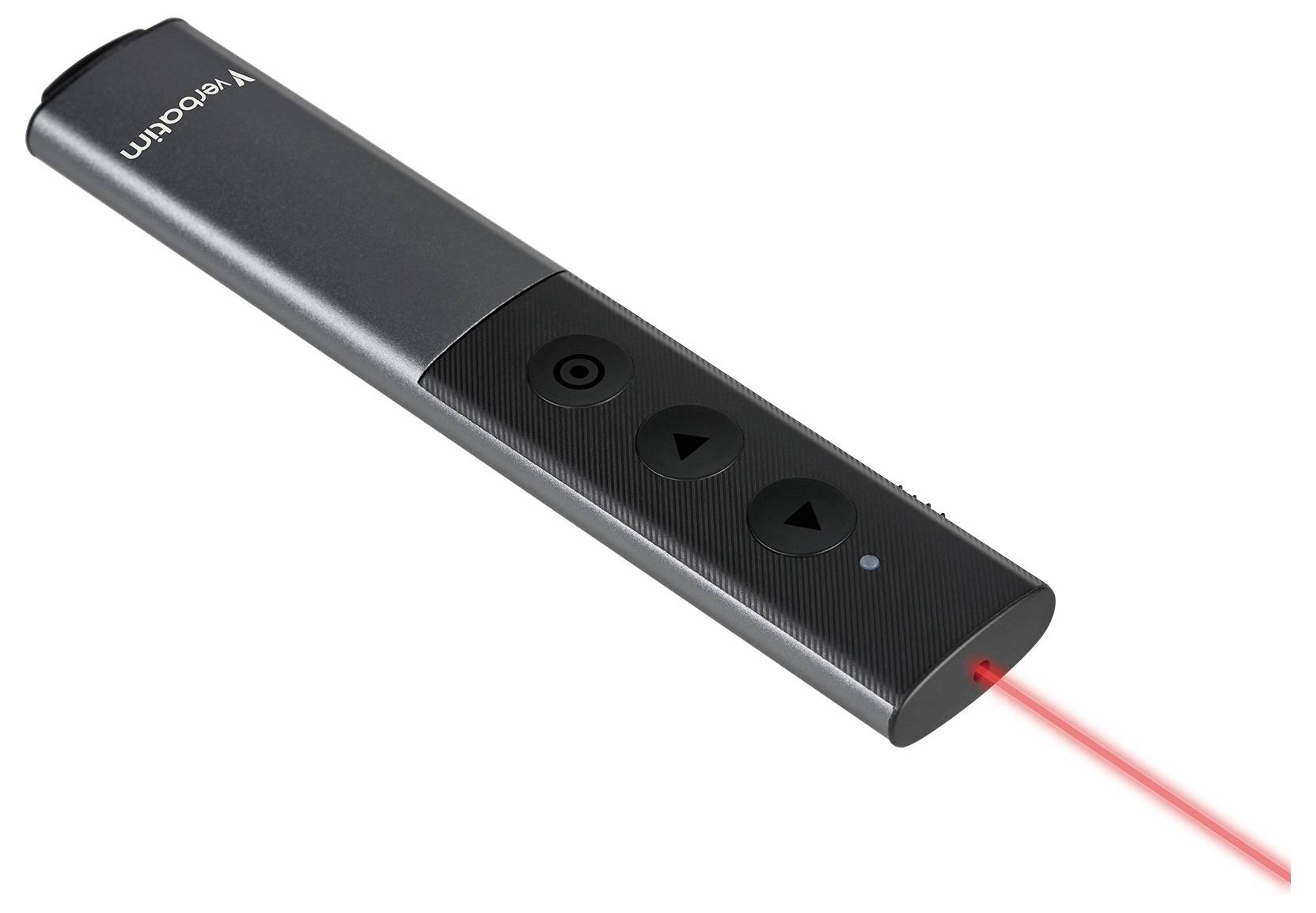 Schwarze kabellose Präsentationsfernbedienung mit Steuertasten und einem roten Laserzeigerstrahl, der von der Spitze ausgeht.