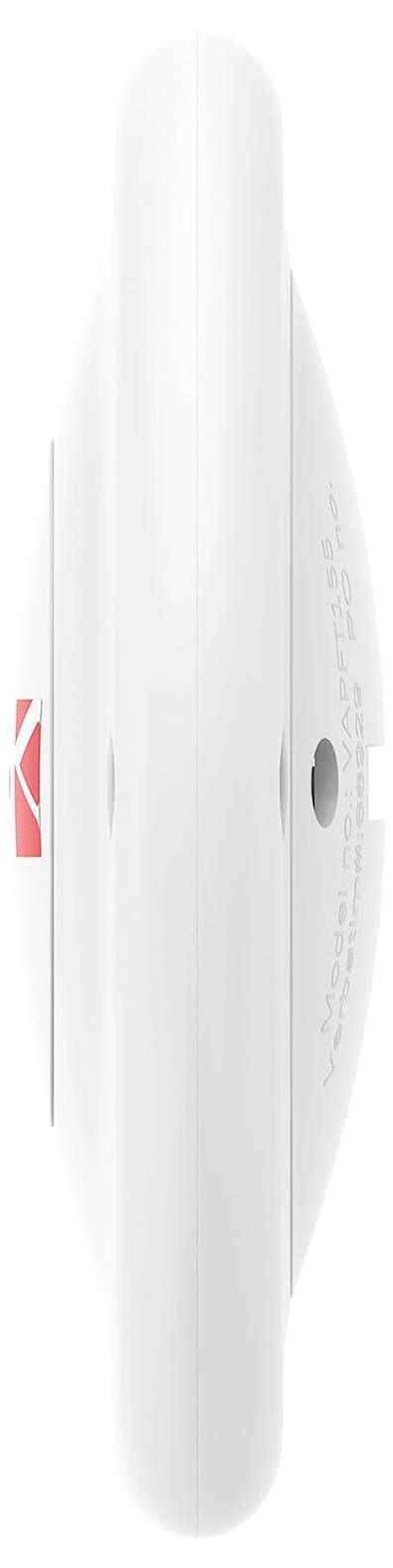 Seitenansicht eines weißen ovalen Geräts mit rotem Kodak-Logo, zeigt einen kreisförmigen Anschluss und schwach gedruckte Markierungen auf der rechten Seite.