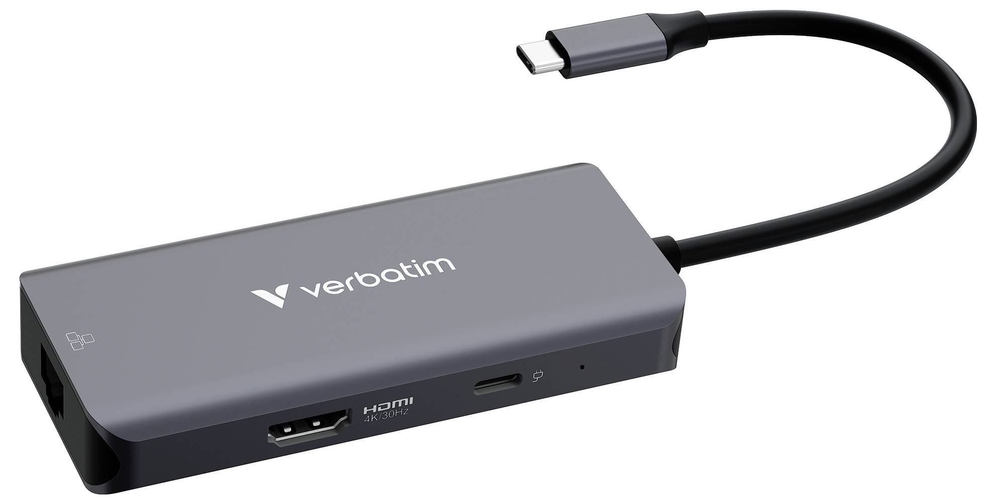 Verbatim USB-C-Adapter-Hub mit HDMI-, USB- und Speicherkarten-Anschlüssen, abgebildet mit angeschlossenem USB-C-Kabel