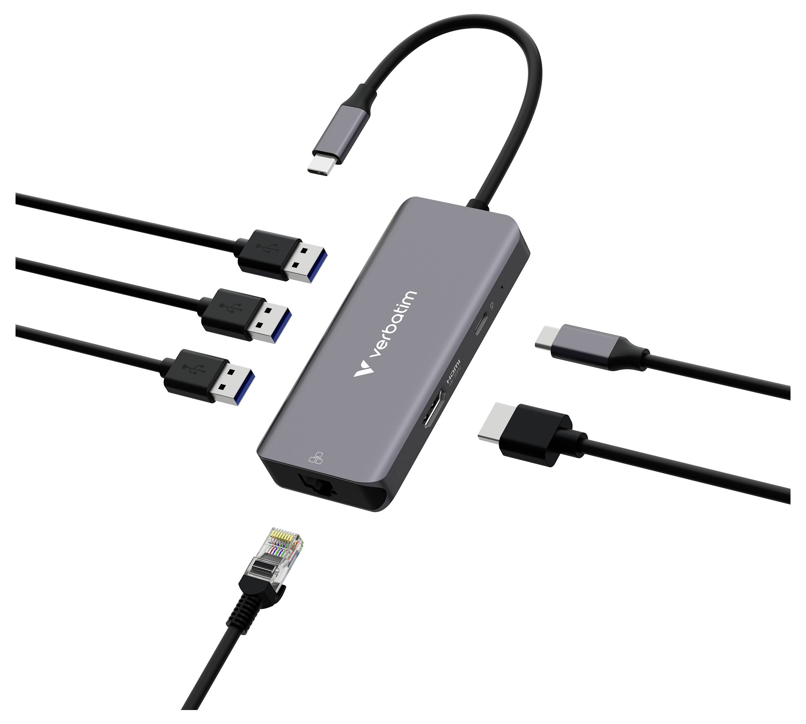 Verbatim USB-C-Hub-Adapter mit drei USB-A-Anschlüssen, Ethernet-Port und USB-C-Verbindungskabel mit angeschlossenen Kabeln dargestellt.