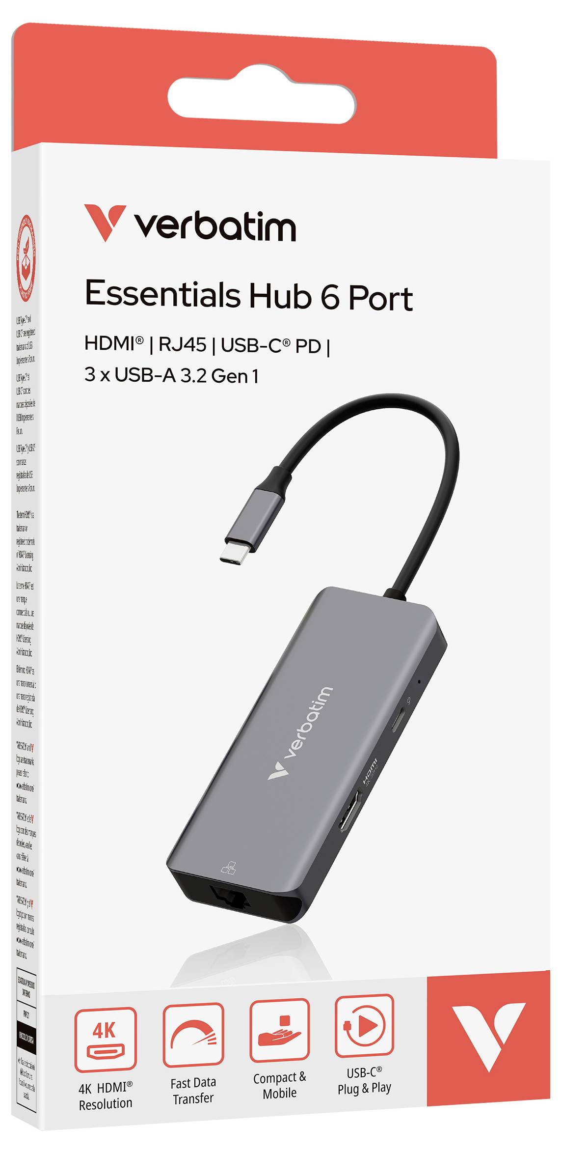 Verbatim Essentials Hub mit 6 Anschlüssen, USB-C Adapter-Box, mit HDMI, RJ45, USB-C PD, drei USB-A-Anschlüssen und 4K HDMI-Unterstützung.