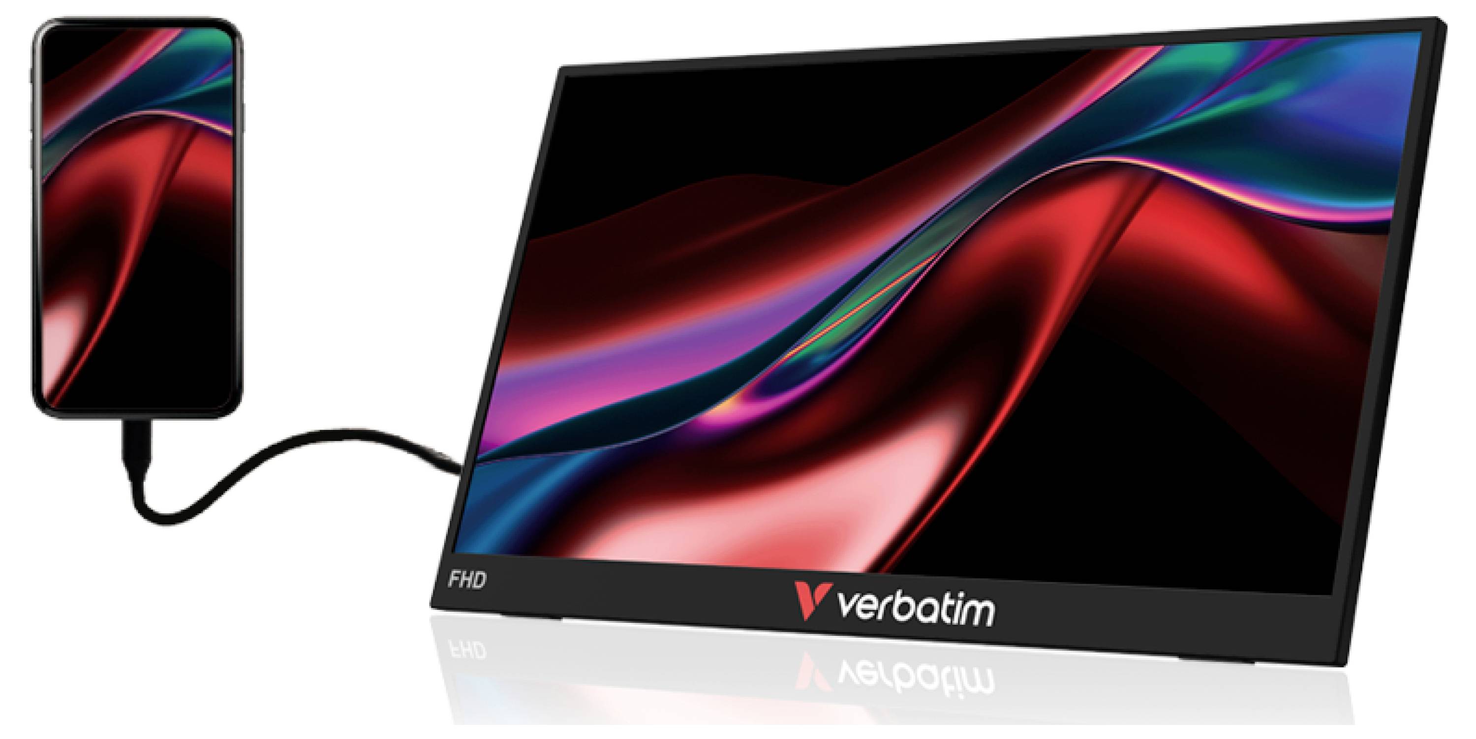 Tragbarer externer Monitor, der über ein Kabel mit einem Smartphone verbunden ist und auf beiden Bildschirmen das gleiche abstrakte rot-, blau- und violettfarbige Hintergrundbild anzeigt.