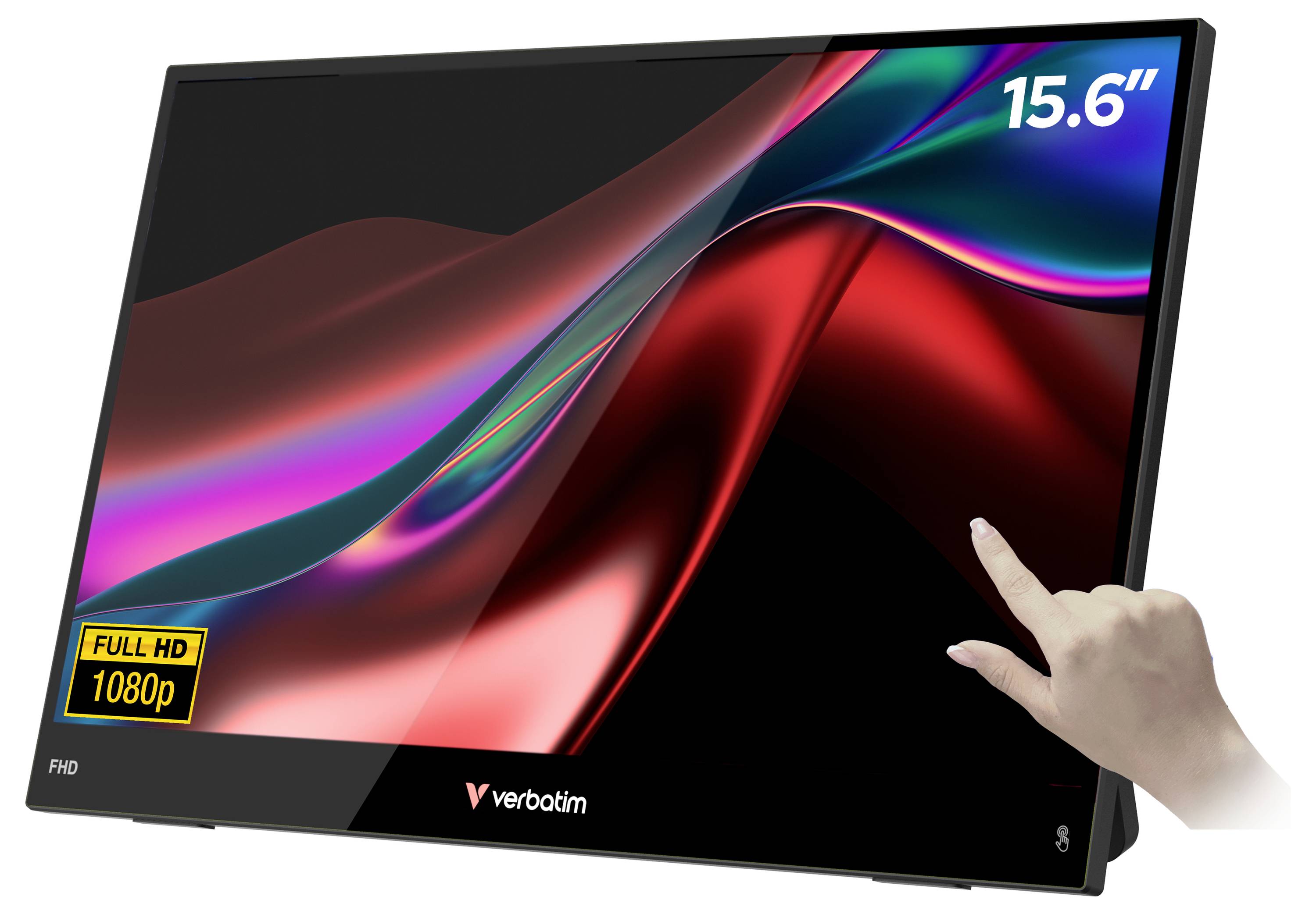 15,6-Zoll tragbarer Verbatim-Monitor mit Full-HD-1080p-Display, gezeigt mit einer Hand, die den Bildschirm berührt.