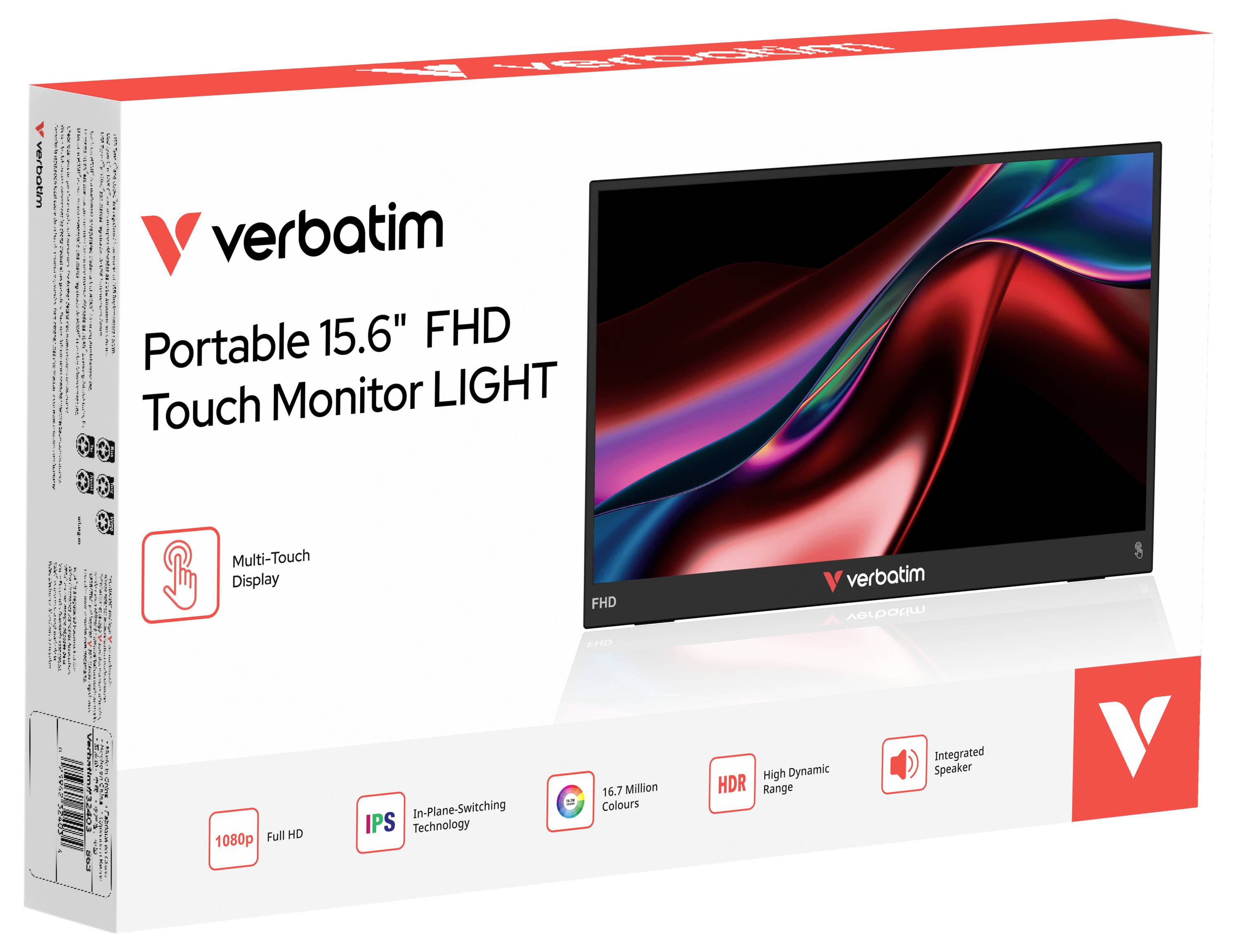 Verbatim tragbarer 15,6-Zoll-FHD-Touch-Monitor LIGHT-Verpackung mit Touchscreen-Display, 1080p FHD, IPS, HDR und integrierten Lautsprechersymbolen.