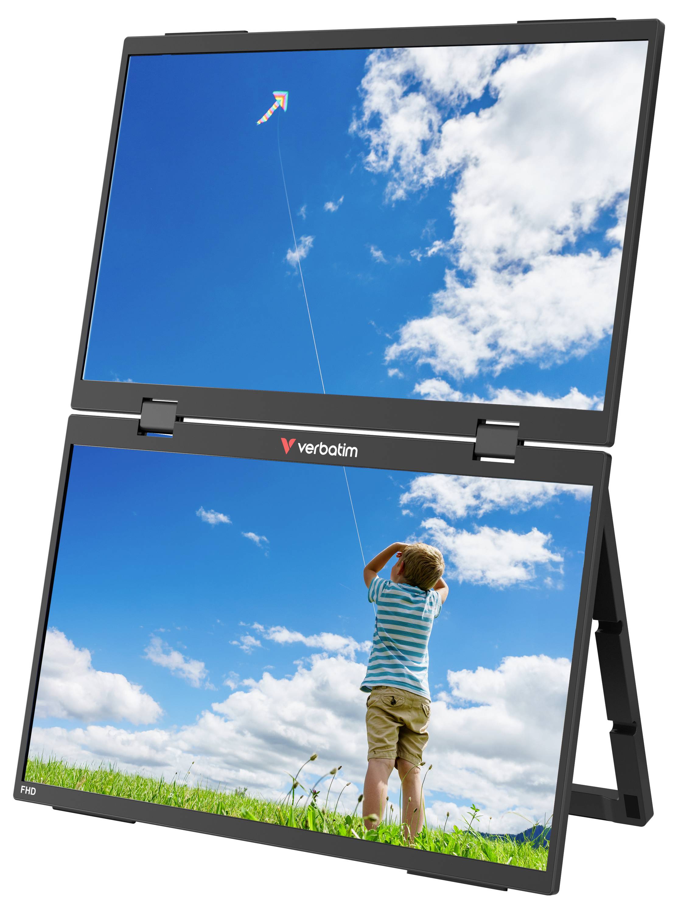 Tragbarer Dual-Screen-Monitor, der oben ein Himmel-und-Drachen-Bild und unten ein Kind zeigt, das einen Drachen auf einer grünen Wiese fliegt.