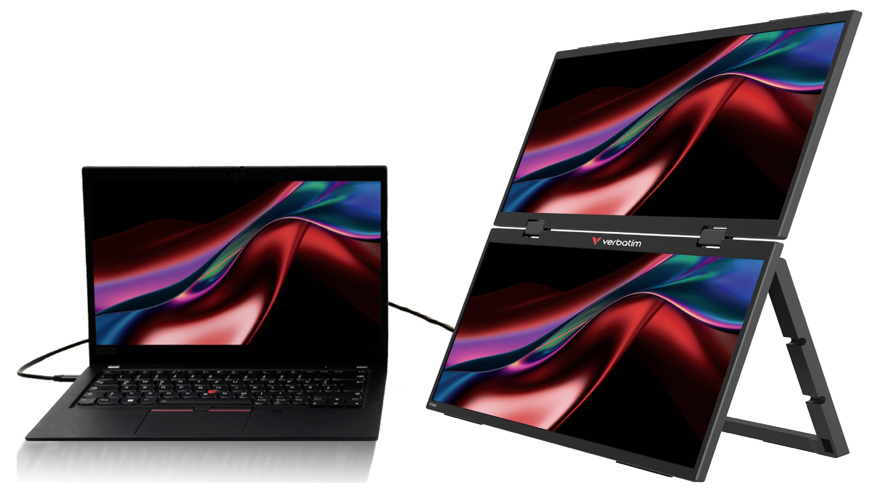 Laptop verbunden mit einem Dual-Screen-Tragbarer-Monitor-Setup, das auf zwei übereinander angeordneten Displays die gleiche bunte abstrakte Tapete zeigt.