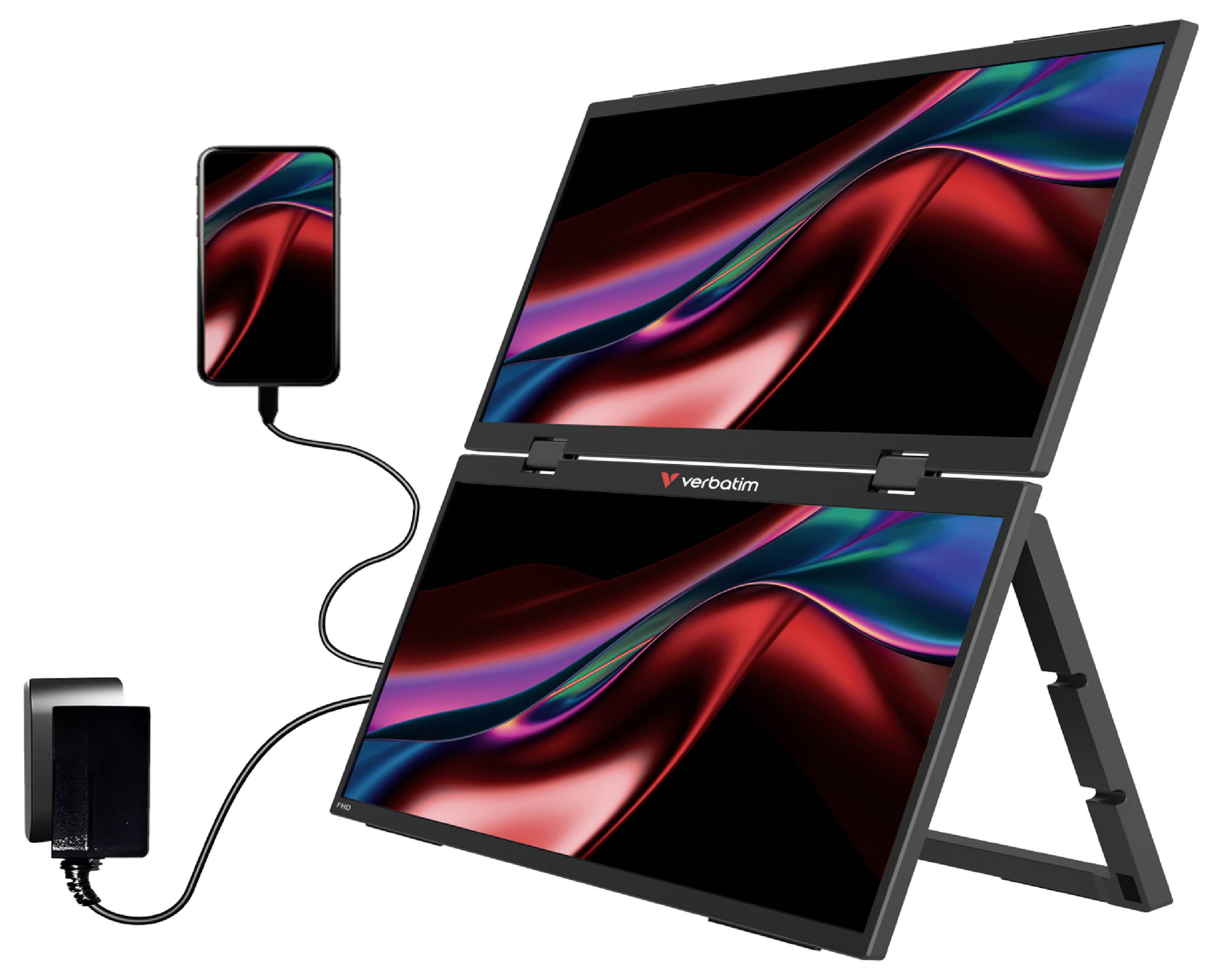 Tragbares Dual-Screen-Monitor-Setup mit einem per Kabel angeschlossenen Smartphone, das die Anzeige des Telefons auf dem oberen Bildschirm gespiegelt zeigt; Verbatim-Branding ist sichtbar.