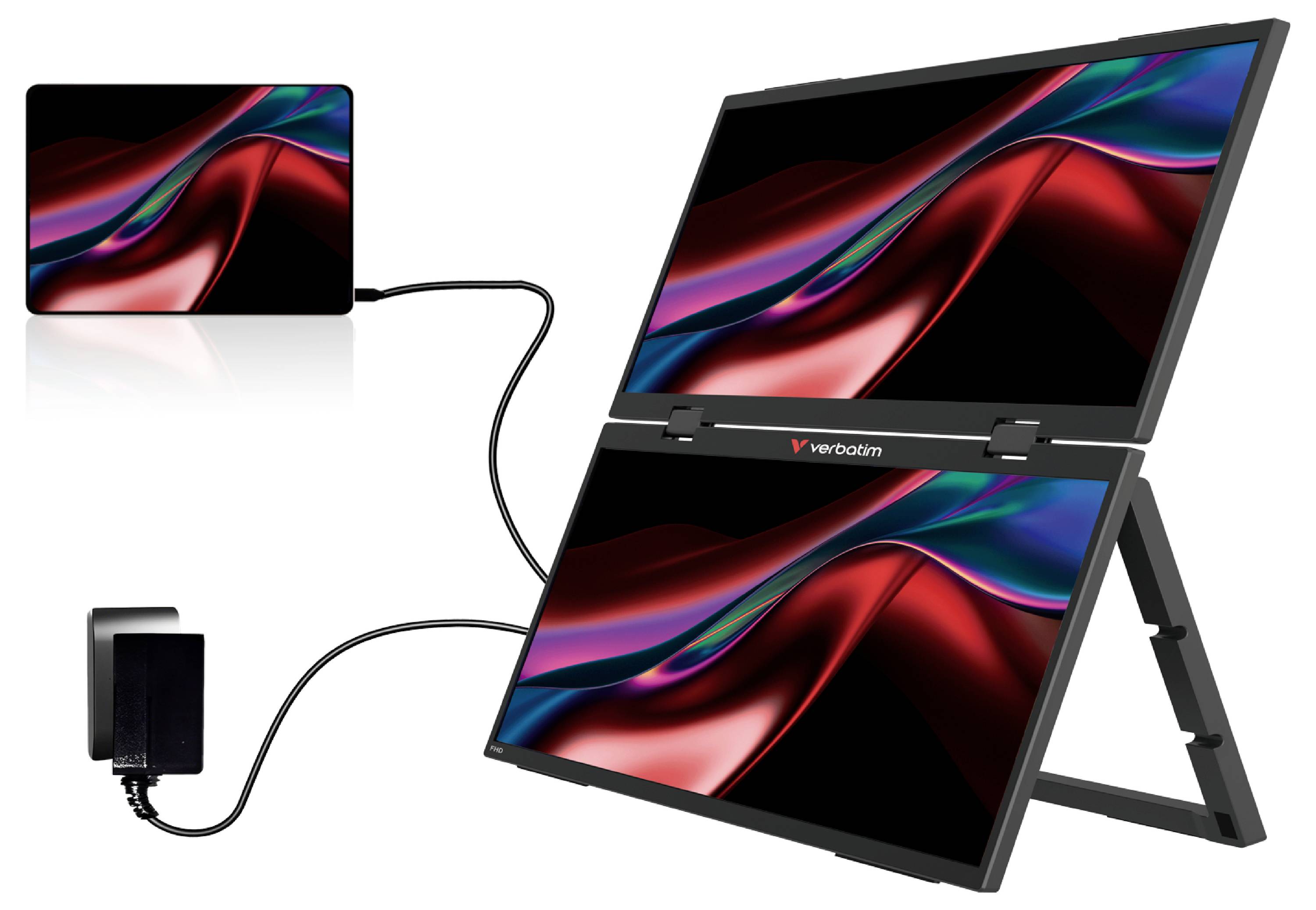 Zwei tragbare Monitore, die per Kabel mit einem Laptop/Tablet verbunden sind und auf jedem Bildschirm die gleiche abstrakte rot-blaue Wellendarstellung anzeigen.