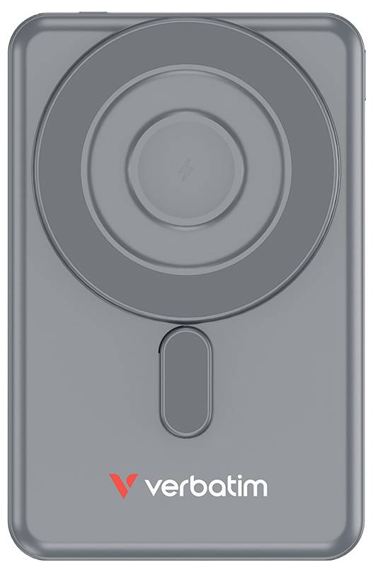 Ein rechteckiges graues Gerät mit einem kreisförmigen Muster oben und dem Wort „Verbatim