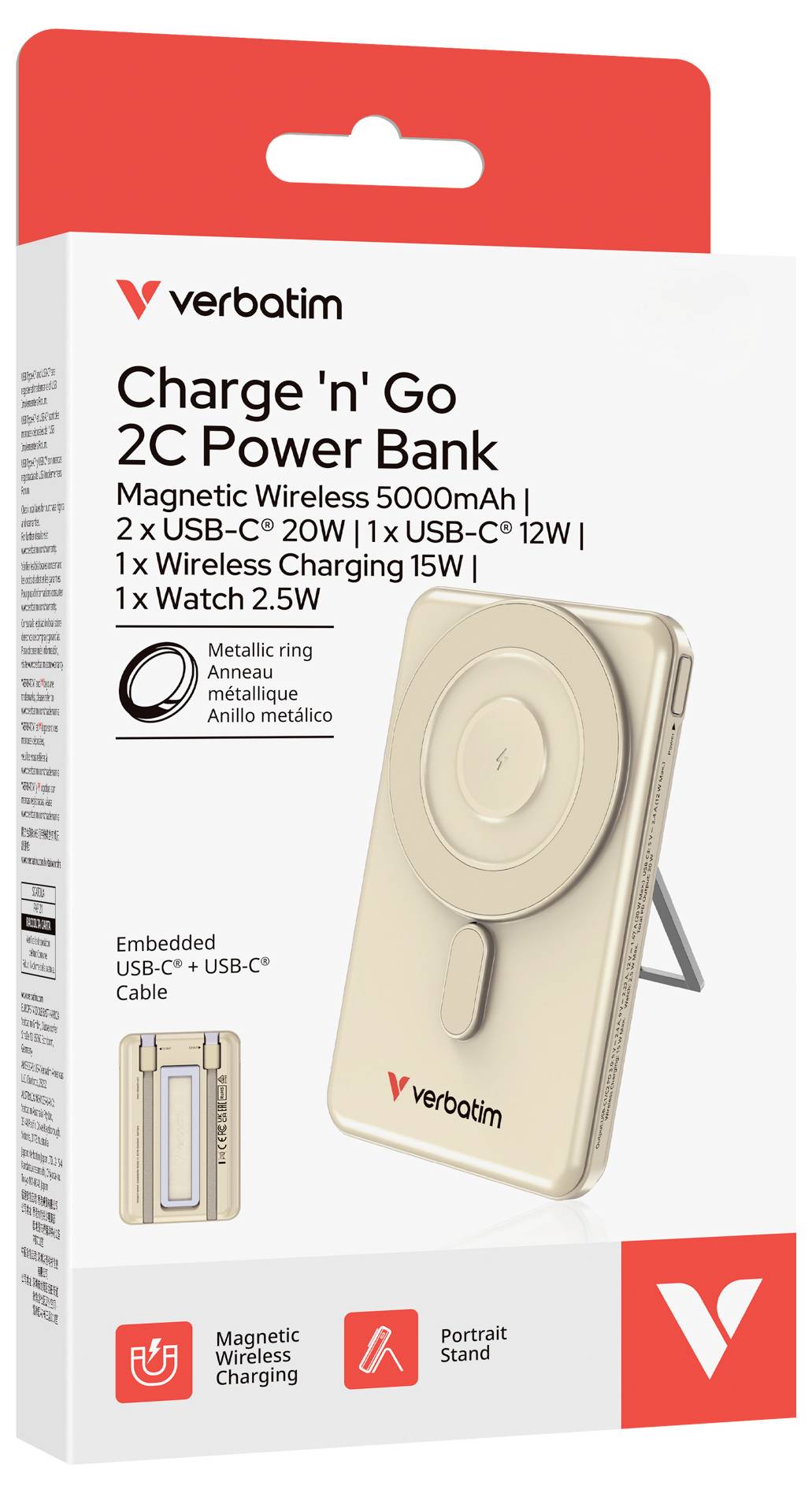 Verbatim 'Charge 'n' Go' 2C Powerbank-Paket, mit goldenem magnetischem kabellosen Ladegerät mit integriertem Ständer und USB-C-Kabel.