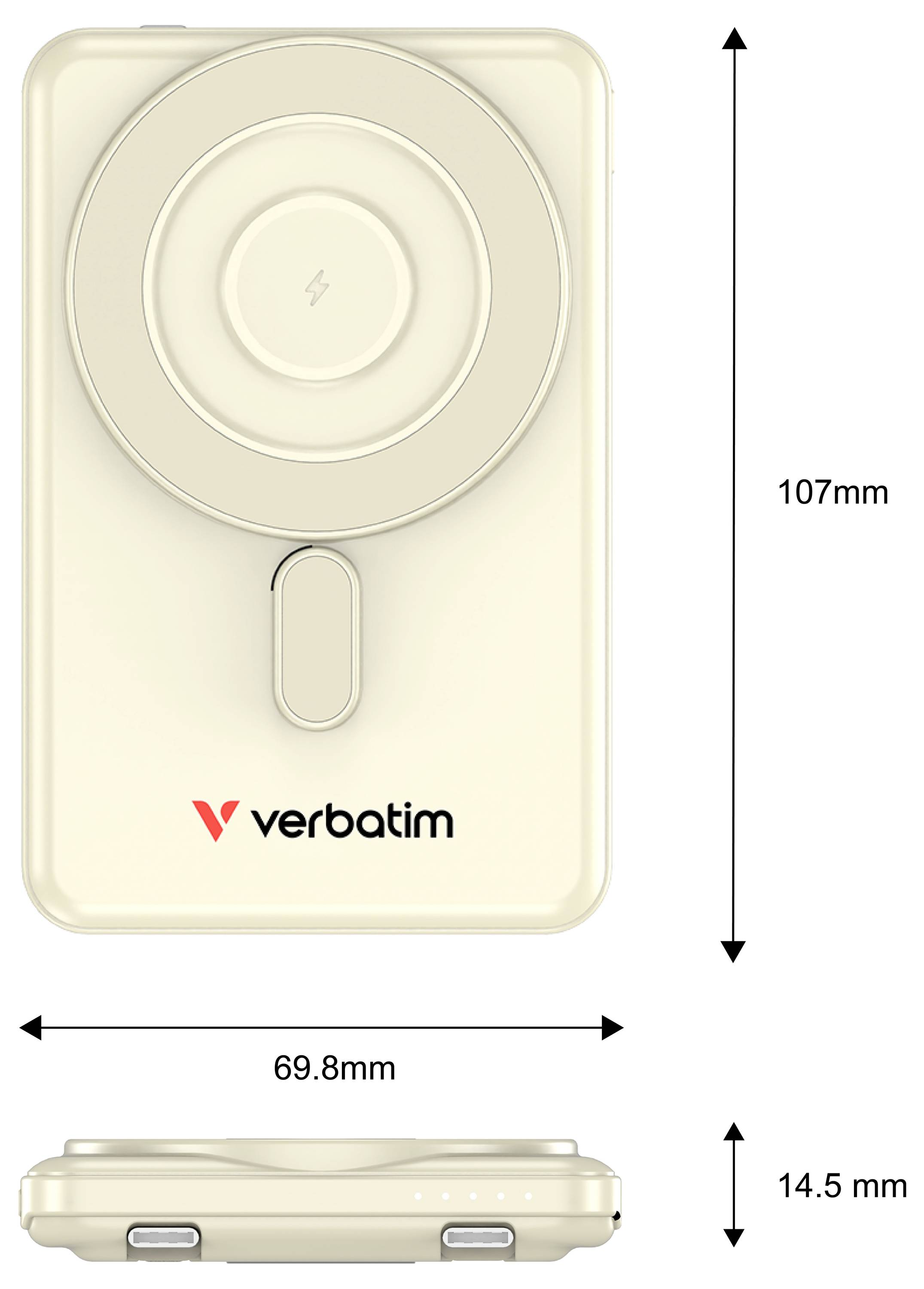 Produktdiagramm eines Verbatim-Wireless-Laders, das Front- und Seitenansichten mit Abmessungen von 107 mm Höhe, 69,8 mm Breite und 14,5 mm Dicke zeigt.