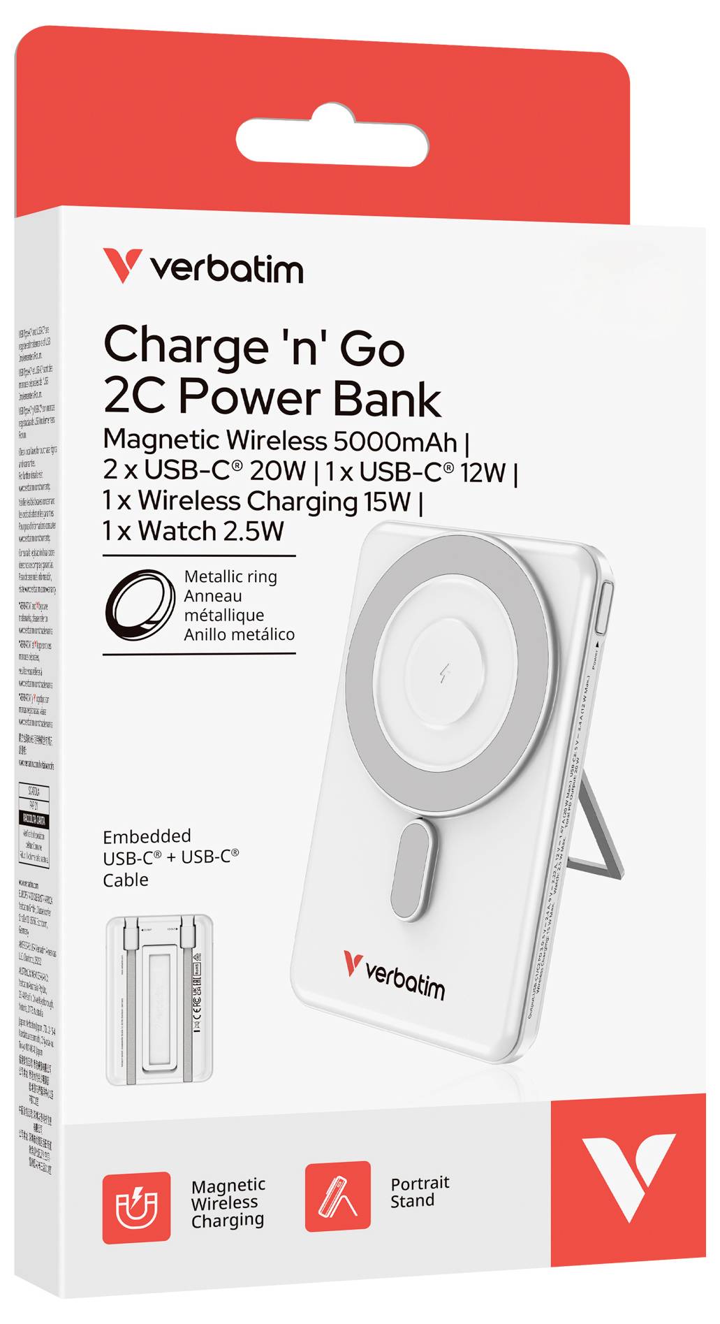 Wörtliche Beschreibung der Verpackung der Charge 'n' Go 2C Power Bank mit einer magnetischen kabellosen 5000-mAh-Powerbank mit USB-C-, USB-A-, Apple Watch- und Kabelladefunktionen.
