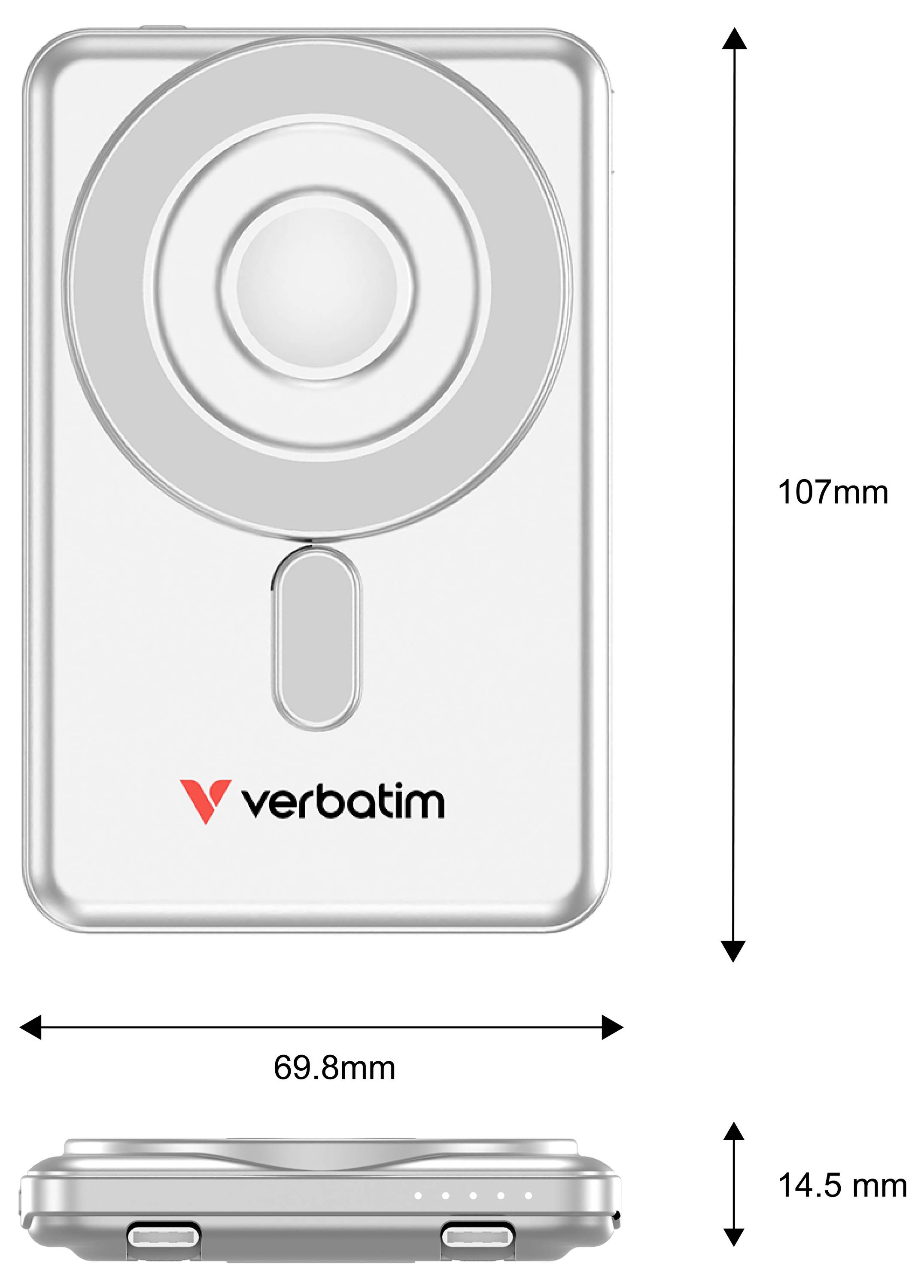 Produktdiagramm eines Verbatim-Geräts mit Abmessungen: 107 mm Höhe, 69,8 mm Breite und 14,5 mm Dicke, mit Vorder- und Seitenansichten.