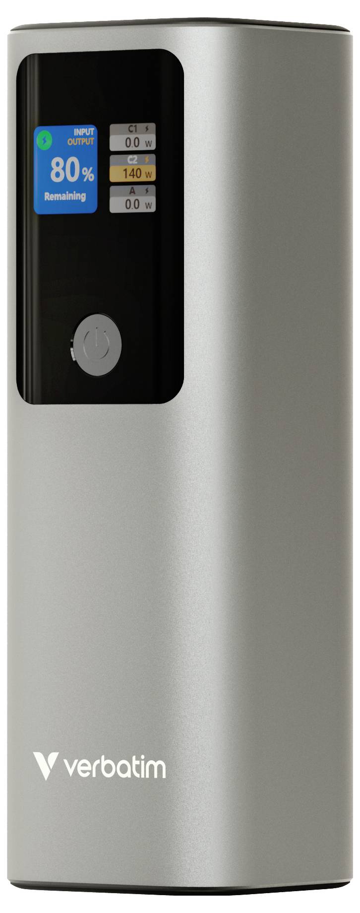 Silberne tragbare Powerbank Verbatim mit kleinem Display, das den Batterieladestatus 