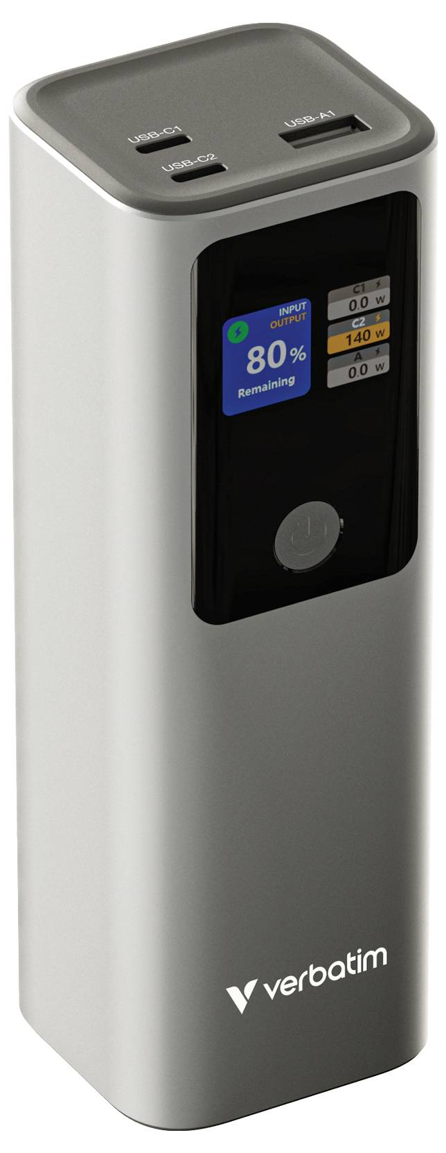 Eine silberne tragbare Powerbank von Verbatim mit digitalem Display, das 80% Restladung anzeigt, und USB-C- sowie USB-A-Anschlüssen auf der Oberseite.
