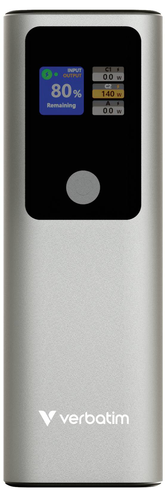 Frontansicht einer tragbaren Verbatim-Powerbank mit einem kleinen Display, das eine verbleibende Batterieleistung von 80% und eine Leistung von 140 W anzeigt.