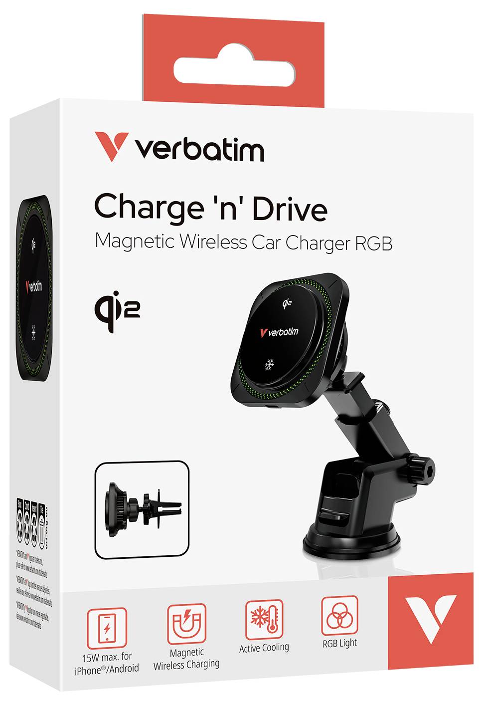 Wörtliche Charge 'n' Drive magnetische kabellose Auto-Ladestation RGB in Einzelhandelverpackung, die das Ladegerät auf einem verstellbaren Auto-Lüftungsschlitz oder Armaturenbrett-Arm montiert zeigt.