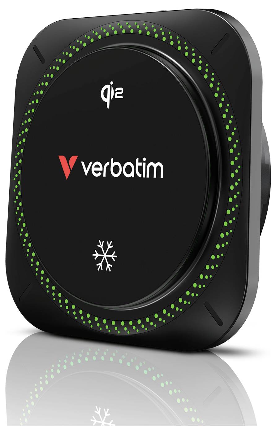 Verbatim Qi2-Wireless-Ladekissen mit grünem LED-Ring und Schneeflocken-Symbol, abgebildet in Schwarz mit Logo auf der Vorderseite.