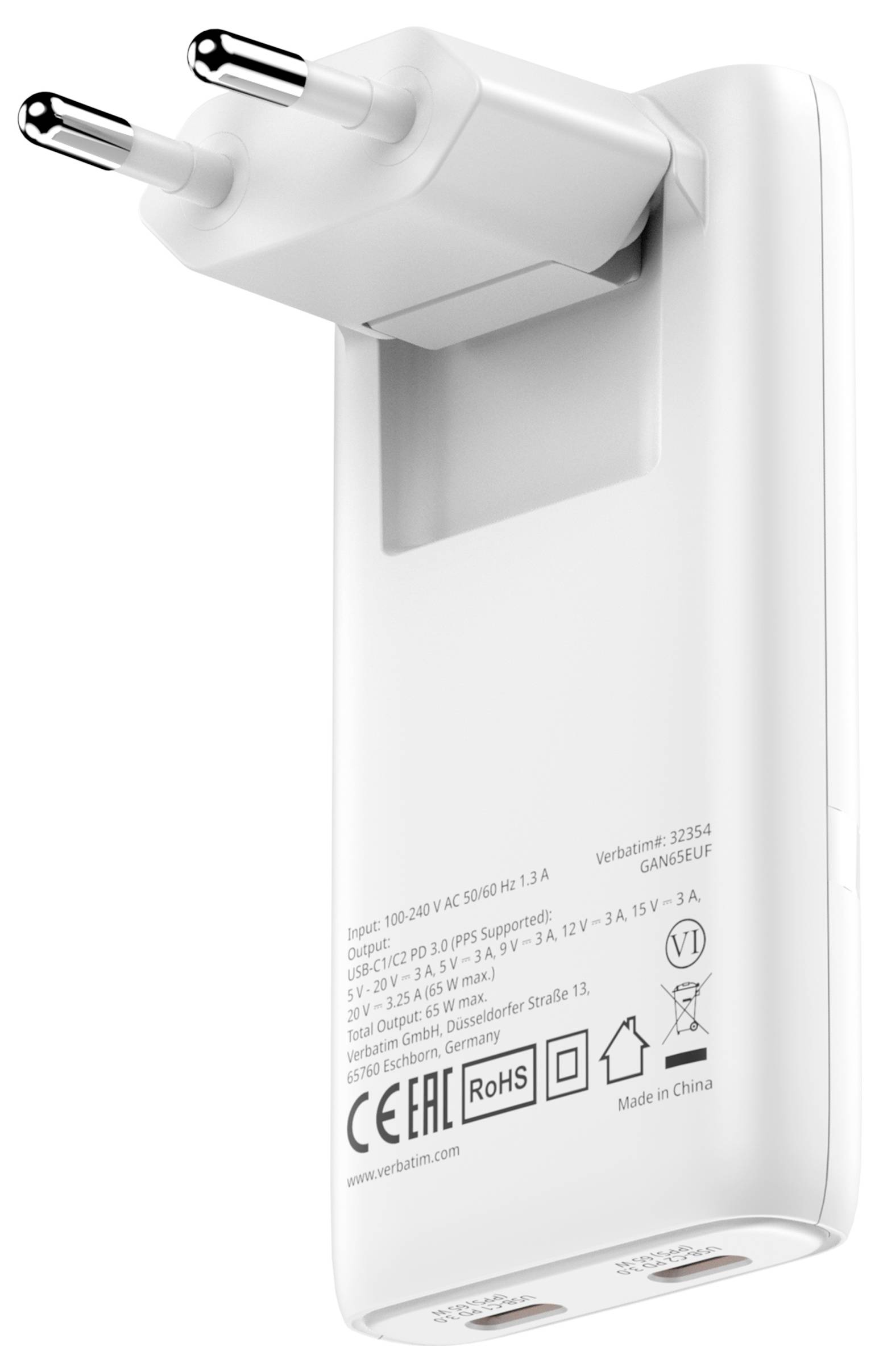 Weiß USB-Wandladegerät mit europäischem Zweipolstecker und dualen USB-Anschlüssen, dargestellt mit gedruckten elektrischen Spezifikationen auf der Vorderseite.