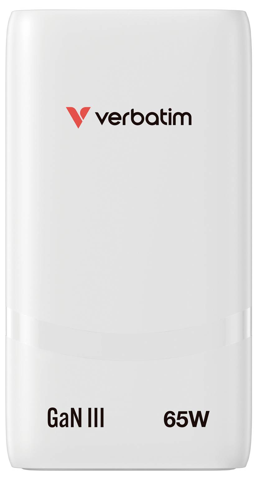 Weißer Verbatim GaN III 65W Stromadapter mit Logo auf der Vorderseite.