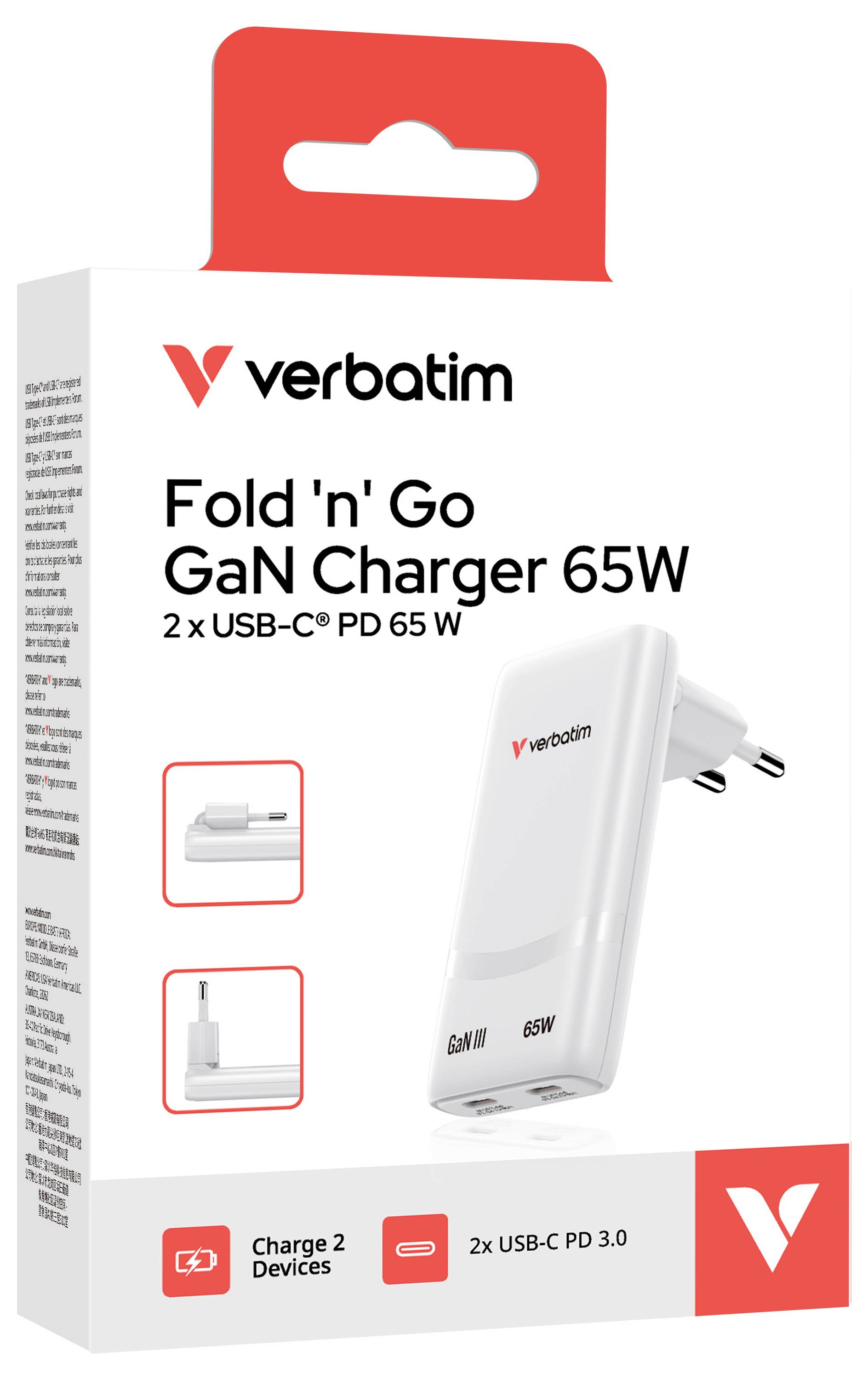 Verbatim Fold 'n' Go GaN Ladegerät 65W Einzelhandelskarton mit Produktabbildung und Text mit der Angabe „2x USB-C PD 65W