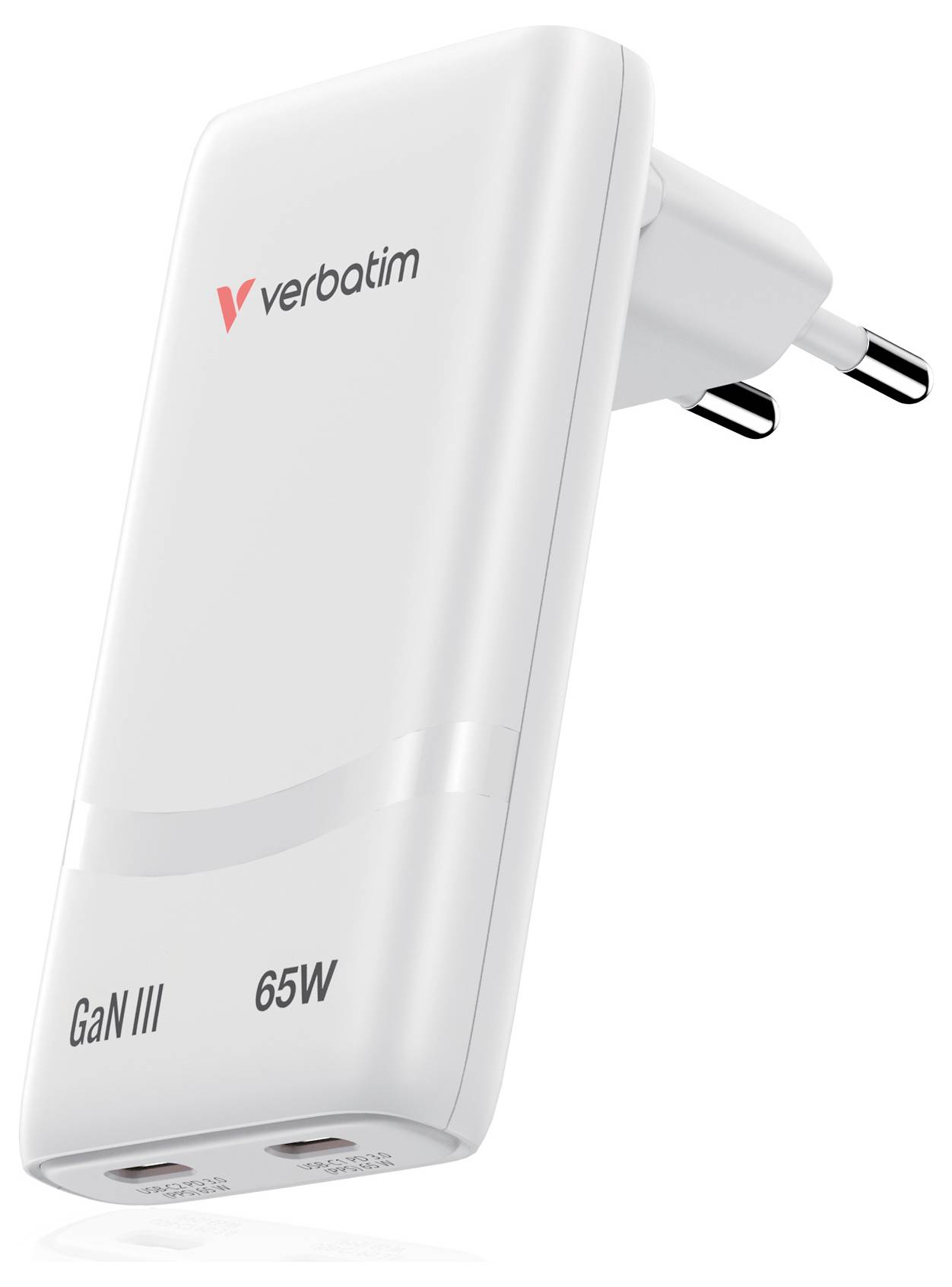 White Verbatim 65W GaN III Wandladegerät mit zweipoliger Steckverbindung und zwei USB-Anschlüssen, gezeigt auf einfachem Hintergrund.
