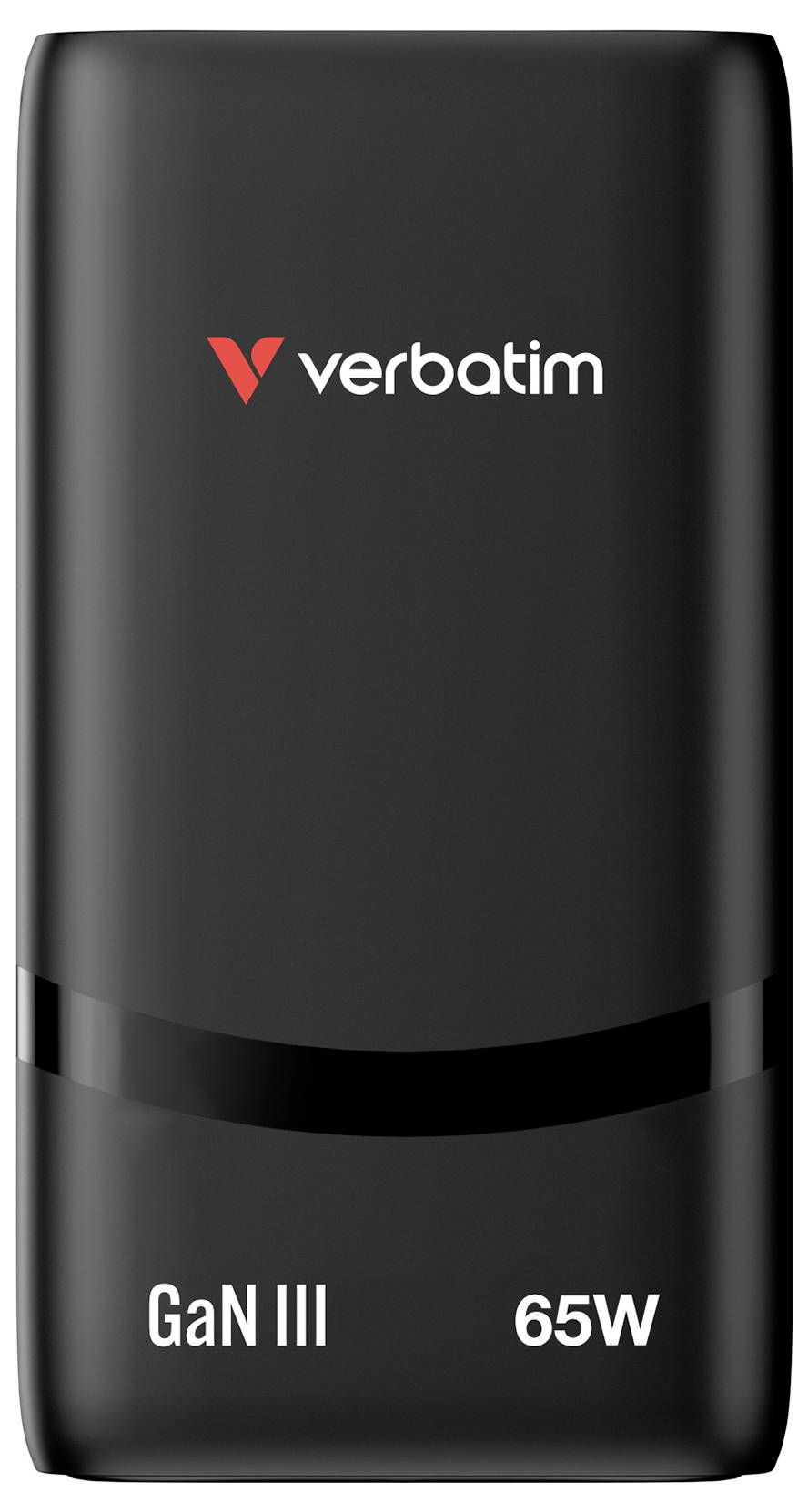Black Verbatim GaN III 65W power adapter charger with logo and wattage labelSchwarzer Verbatim GaN III 65W-Stromadapter-Ladegerät mit Logo und Leistungsetikett